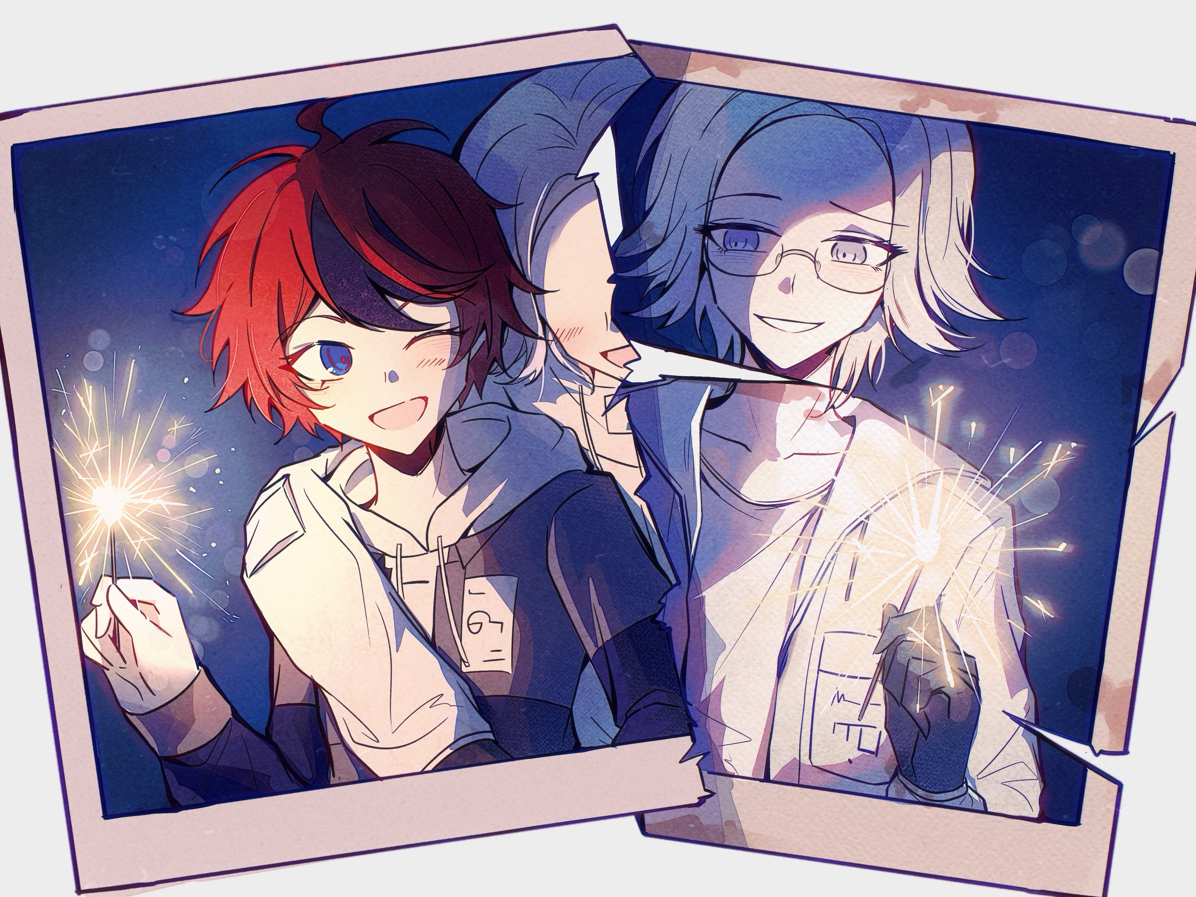 aotsuki eito, sumino takumi, the hundred line -last defense academy-, absurdres, chinese commentary, commentary, highres, 2boys, :d, ahoge, arm over shoulder, black gloves, black streaks, blue eyes, collarbone, fireworks, glasses, gloves, grey eyes, grey hair, grey jacket, grin, holding, holding fireworks, hood, hoodie, jacket, jacket over hoodie, looking at another, male focus, mizongwenwu, multicolored hair, multiple boys, no eyes, open clothes, open jacket, open mouth, red hair, shirt, short hair, sleeve pouch, smile, sparkler, streaked hair, torn photo, white hoodie, white jacket, white shirt