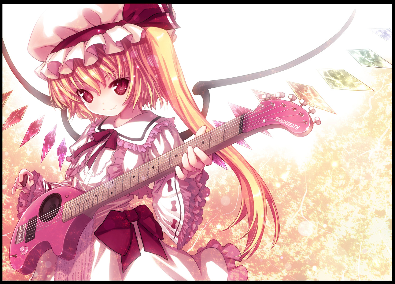 kiira, flandre scarlet, touhou, colorized, 1girl, blonde hair, fang, female focus, guitar, hat, instrument, one side up, plectrum, red eyes, side ponytail, smile, solo, wings