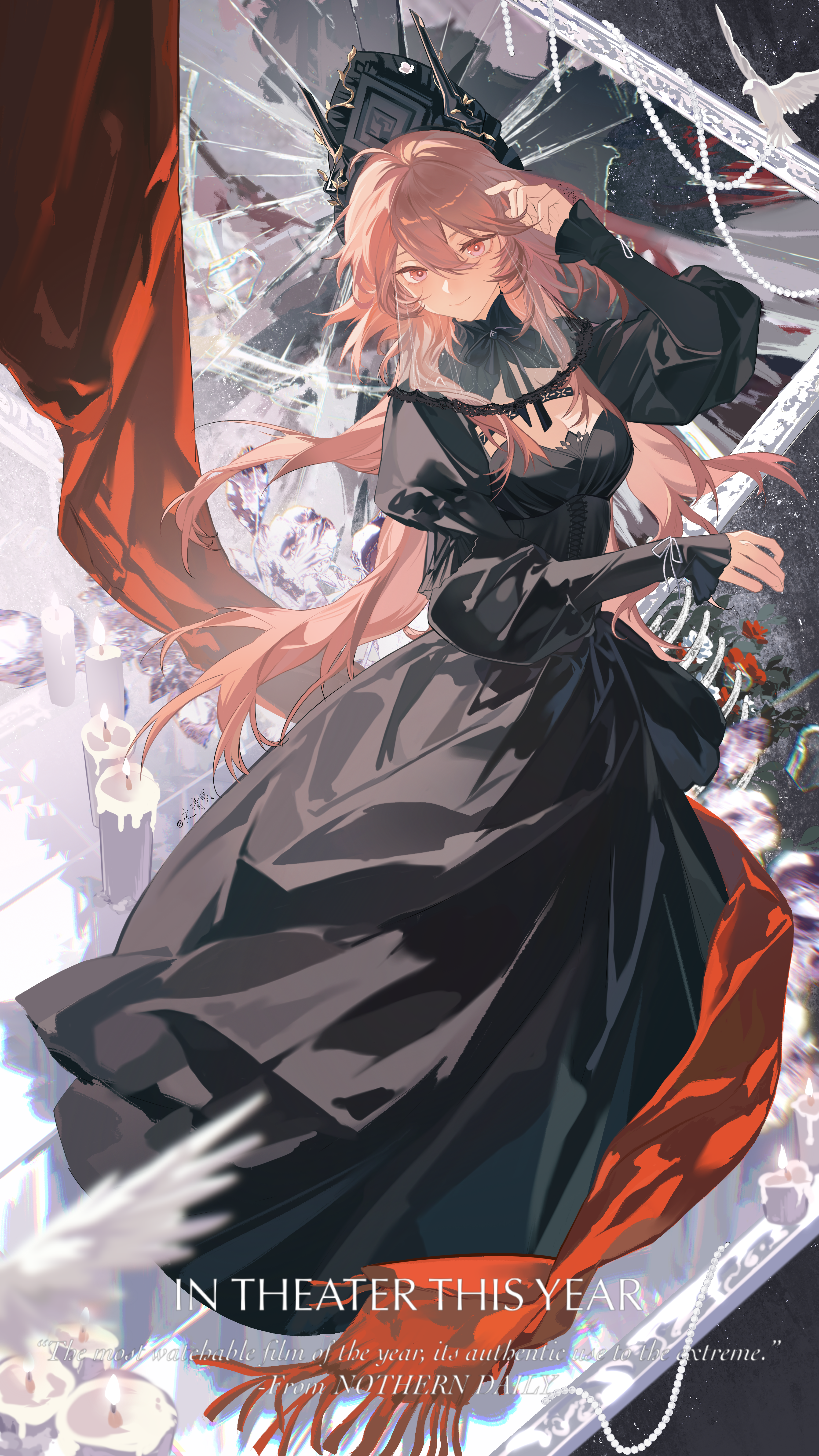 shen qingming, theresa (arknights), arknights, absurdres, chinese commentary, commentary request, highres, 1girl, bird, black dress, black horns, candle, closed mouth, cloth, detached collar, dress, english text, full body, funeral dress, hair between eyes, hand up, horns, juliet sleeves, long dress, long hair, long sleeves, looking at viewer, picture frame, pink eyes, pink hair, puffy sleeves, solo, standing, theresa (condolence) (arknights)