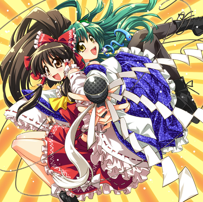 sato-pon, hakurei reimu, kochiya sanae, touhou, 2girls, brown eyes, brown hair, female focus, green hair, microphone, multiple girls, yellow eyes