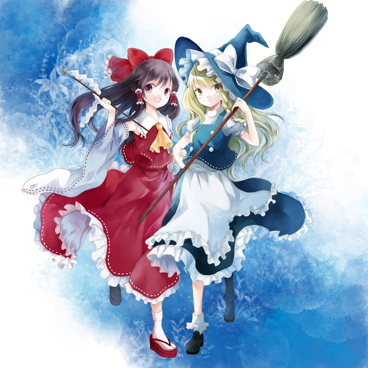 kaedena akino, miyabi akino, hakurei reimu, kirisame marisa, touhou, bad id, bad pixiv id, highres, 2girls, ascot, blonde hair, bow, braid, broom, brown hair, detached sleeves, female focus, gohei, hat, japanese clothes, long hair, miko, multiple girls, red eyes, socks, witch, witch hat, yellow ascot, yellow eyes