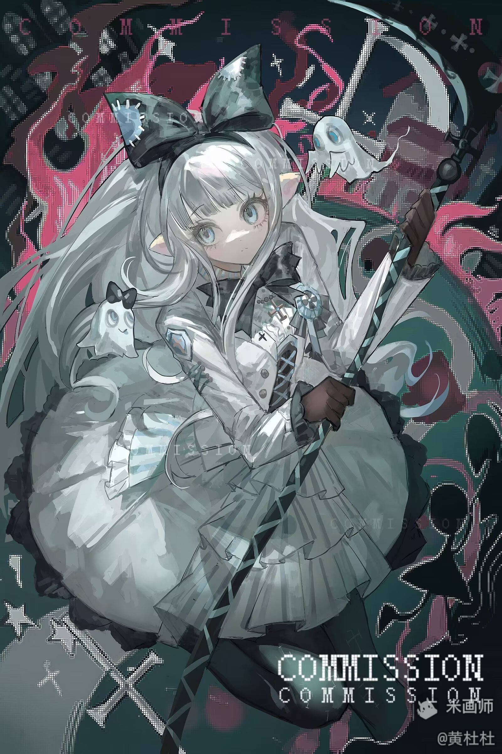 huang du du, original, absurdres, commission, highres, 1girl, black bow, black bowtie, black hairband, black pantyhose, blue eyes, blunt bangs, bow, bow hairband, bowtie, brown gloves, closed mouth, dress, foot out of frame, ghost, gloves, grey hair, hairband, holding, holding sword, holding weapon, long hair, long sleeves, mihuashi username, pantyhose, pointy ears, solo, sword, weapon, white dress