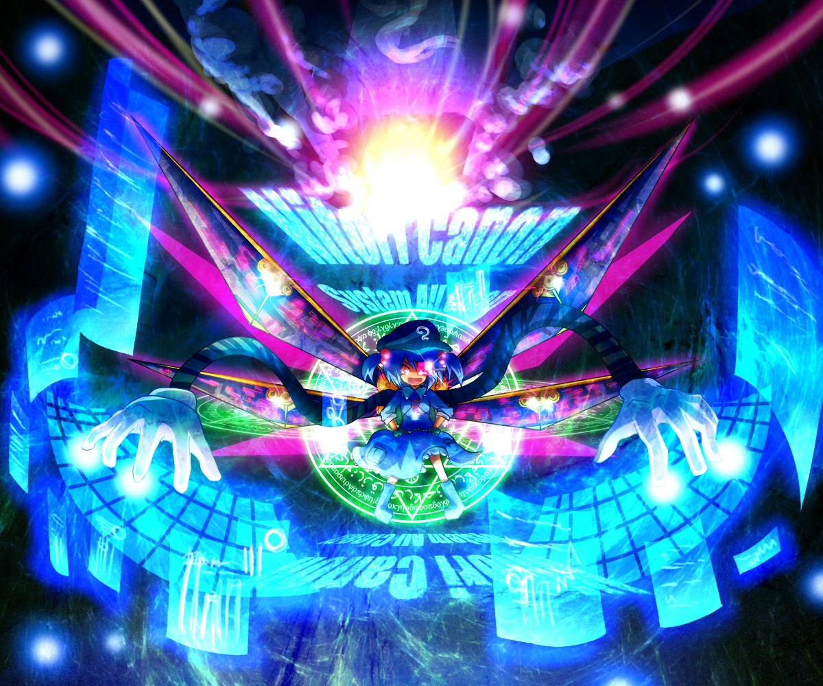 ayakashi (monkeypanch), kawashiro nitori, touhou, bad id, bad pixiv id, 1girl, blue hair, blue theme, boots, female focus, hair bobbles, hair ornament, hands on own hips, hat, head-mounted display, heads-up display, holographic interface, jewelry, key, key necklace, keyboard, magic circle, mechanical arms, mechanical wings, multiple wings, necklace, pink eyes, pocket, single mechanical arm, solo, text focus, twintails, user interface, wings