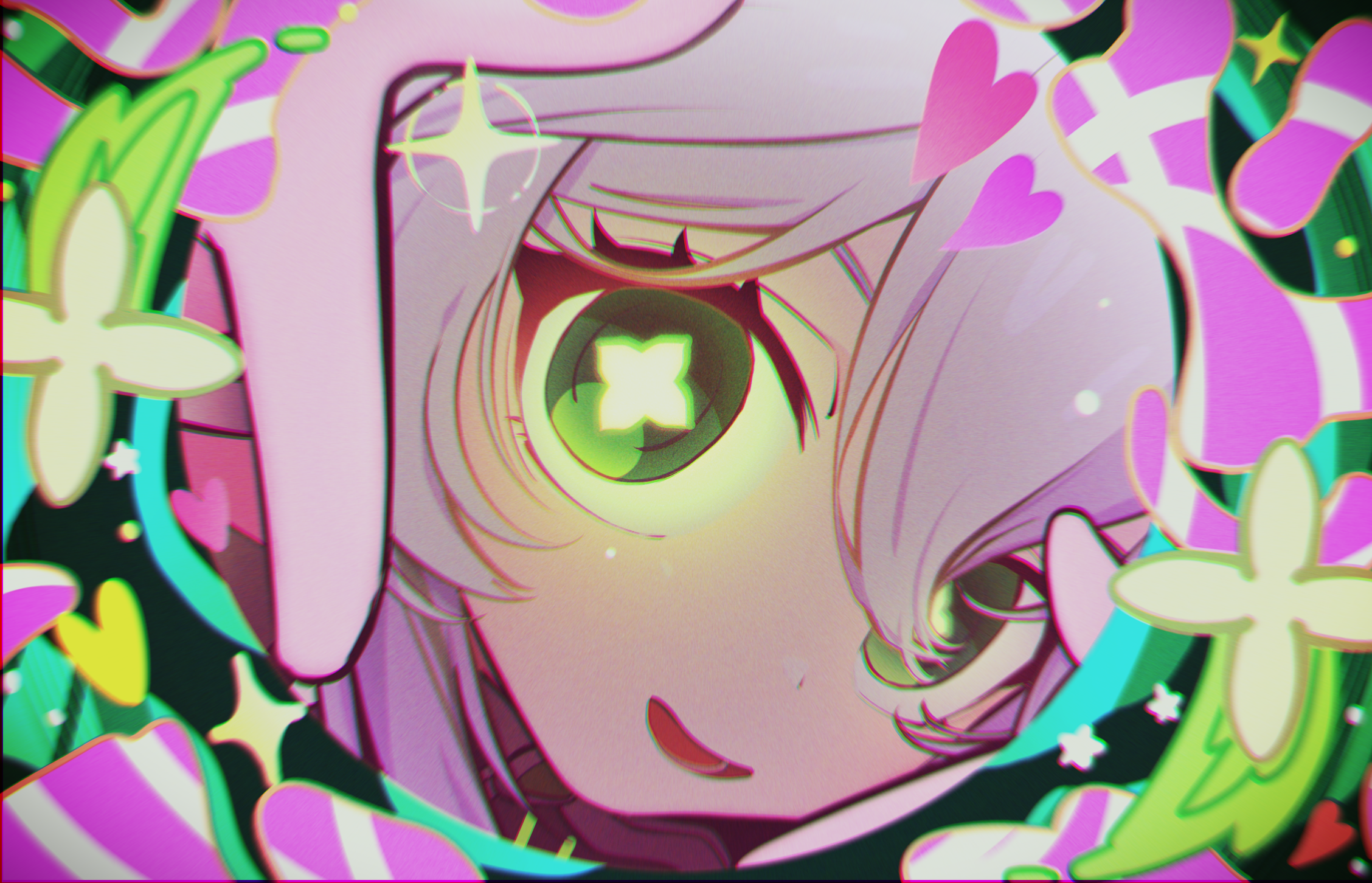 akaika (aka), nahida (genshin impact), genshin impact, monitoring (vocaloid), commentary request, highres, 1girl, cross-shaped pupils, green eyes, green hair, hair between eyes, looking at viewer, open mouth, smile, solo, symbol-shaped pupils, white hair