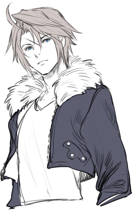 u-min, squall leonhart, final fantasy, final fantasy viii, commentary request, 1boy, ahoge, blue eyes, cropped jacket, fur-trimmed jacket, fur trim, jacket, long sleeves, looking to the side, male focus, open clothes, open jacket, scar, scar on face, shirt, short hair, sketch, solo, spot color, upper body, v-neck, white background