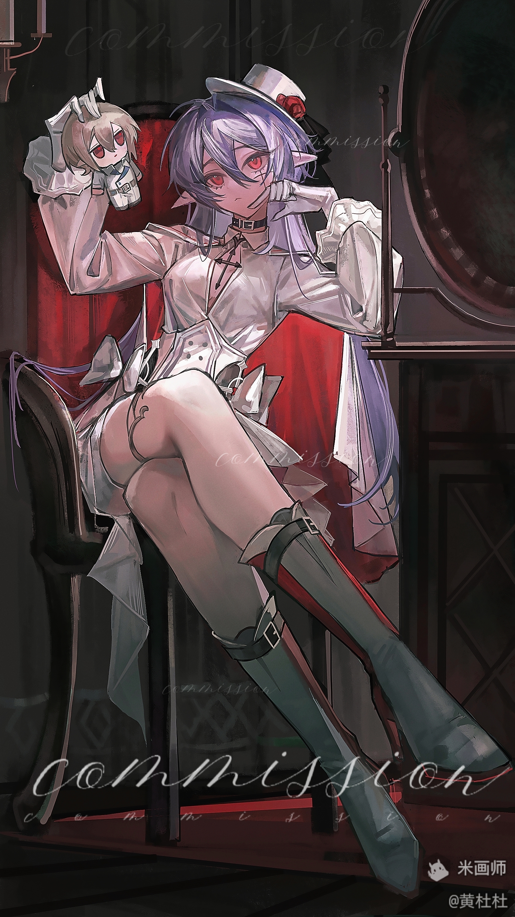 huang du du, original, absurdres, commission, highres, 1girl, black boots, black choker, boots, chair, choker, closed mouth, crossed legs, doll, double-parted bangs, full body, hair between eyes, hat, holding, holding doll, long hair, long sleeves, mihuashi username, purple hair, red eyes, shirt, shorts, sitting, solo, white hat, white shirt, white shorts