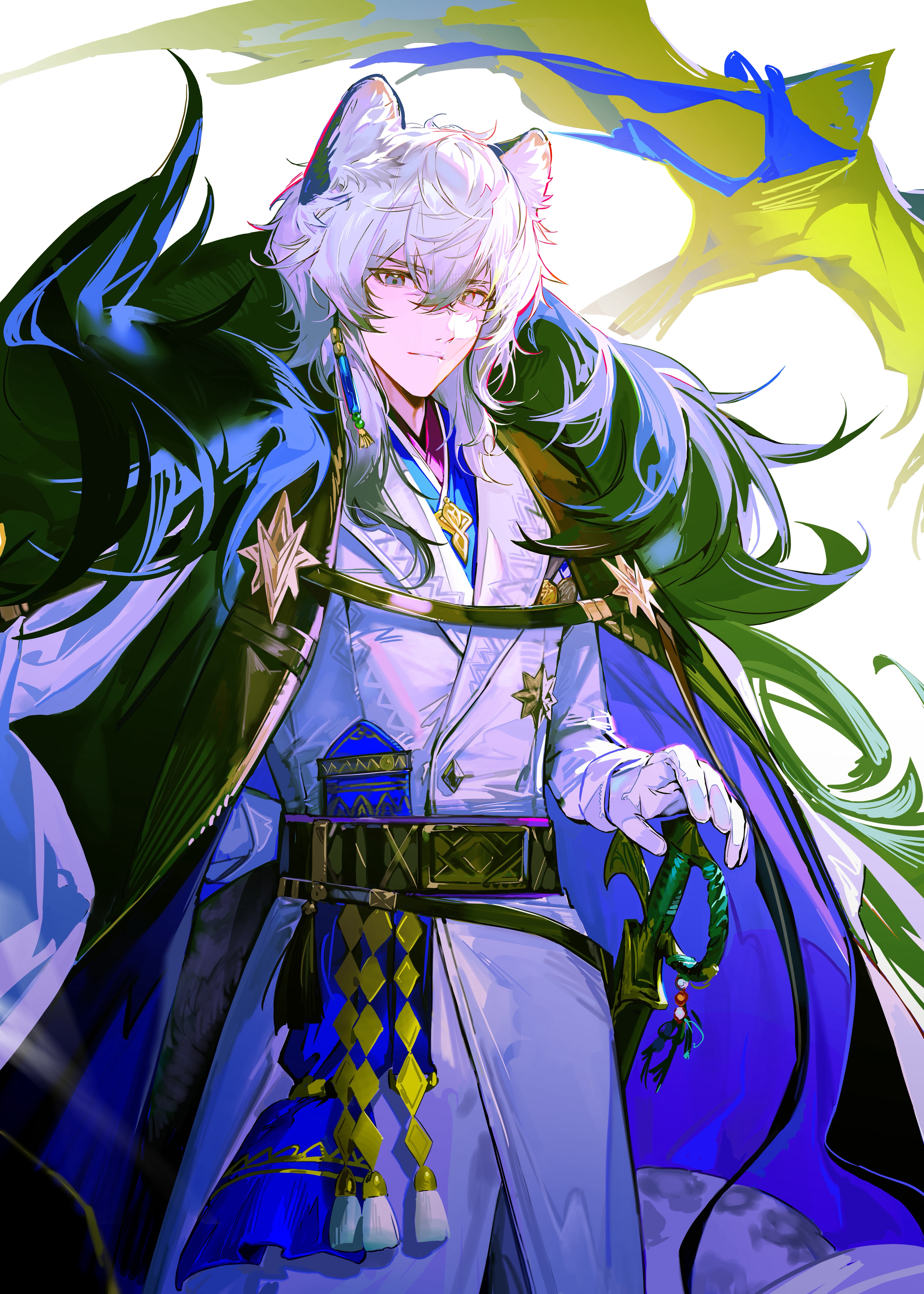 dooduck, silverash (arknights), silverash the reignfrost (arknights), arknights, absurdres, chinese commentary, commentary request, highres, 1boy, animal ear fluff, belt, black cape, cape, closed mouth, coat, cowboy shot, fur trim, gloves, grey eyes, grey hair, hair between eyes, hand on hilt, long sleeves, looking at viewer, male focus, smile, snow leopard boy, snow leopard ears, solo, sword, tassel, weapon, white coat, white gloves, white hair