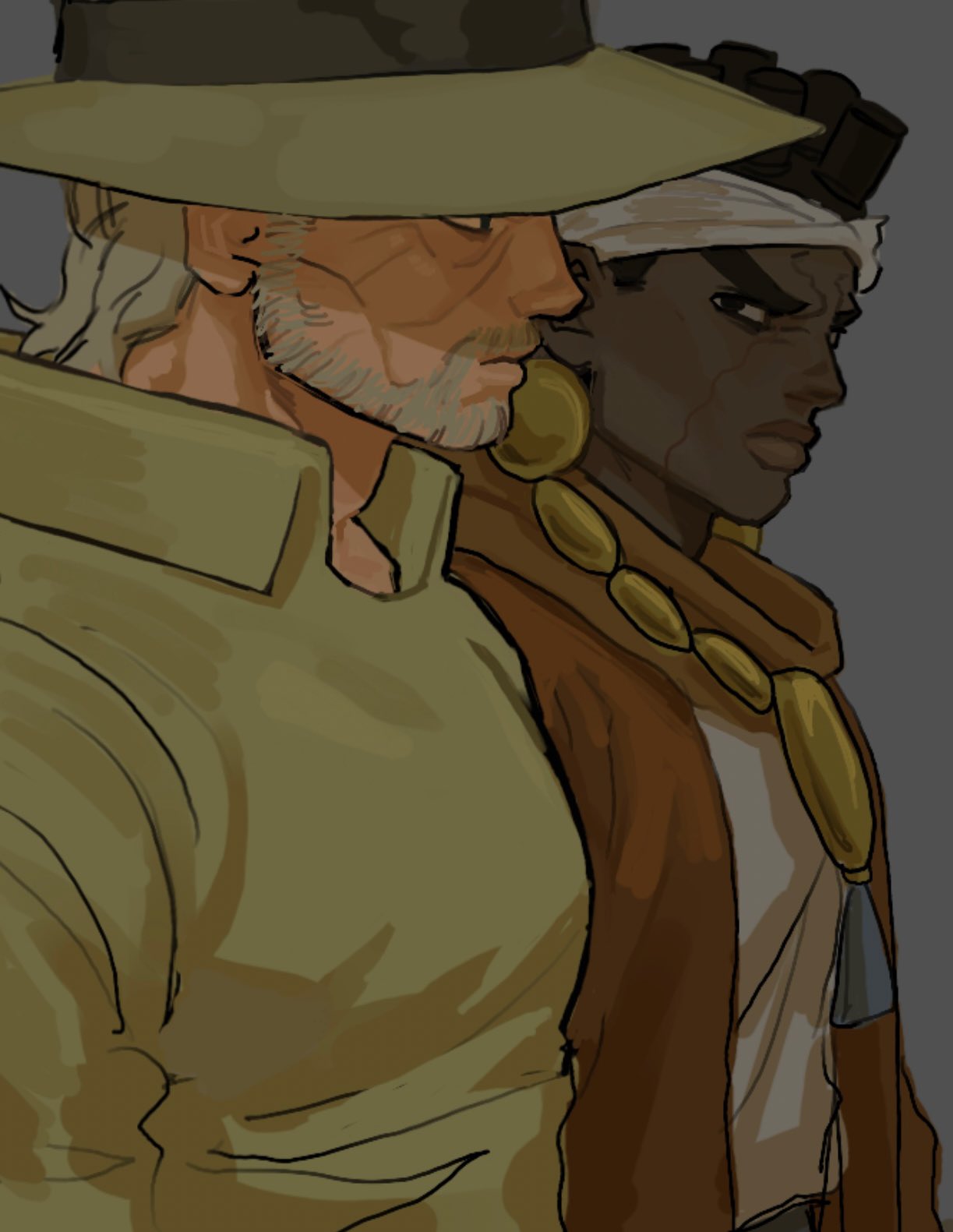 joseph joestar, joseph joestar (old), mohammed avdol, jojo no kimyou na bouken, stardust crusaders, highres, 2boys, bantu knots, beard, black eyes, black hair, collared shirt, dark-skinned male, dark skin, earrings, facial hair, grey background, grey hair, hat, headband, jewelry, lingusnita, looking at another, looking to the side, male focus, multiple boys, necklace, scar, scar on face, shirt, upper body