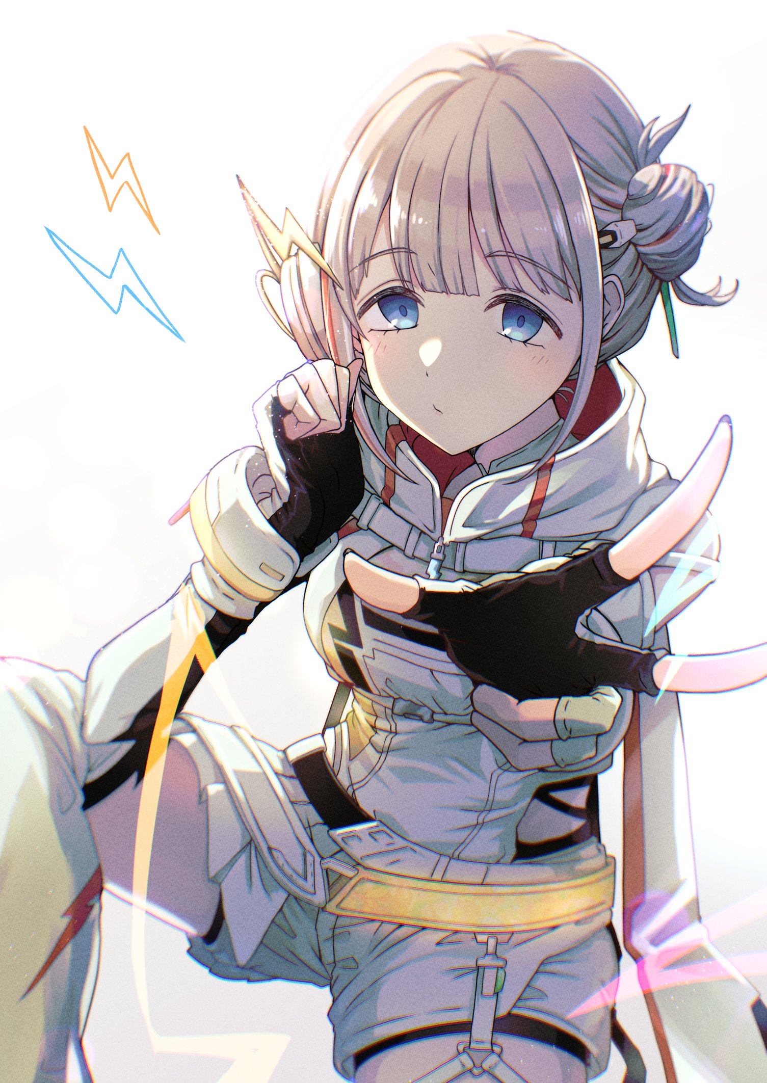 kusaka io, serizawa asahi, idolmaster, idolmaster shiny colors, idolmaster shiny colors song for prism, commentary, highres, 1girl, belt, black gloves, blue eyes, clenched hand, closed mouth, clothing cutout, elbow gloves, feet out of frame, fingerless gloves, gloves, grey gloves, grey hair, hair bun, hair ornament, hands up, knee up, light blush, lightning bolt, lightning bolt hair ornament, lightning bolt symbol, long sleeves, looking at viewer, multicolored hair, outstretched arm, reaching, reaching towards viewer, red streaks, shirt, short hair, shorts, side cutout, sidelocks, single side bun, sitting, solo, streaked hair, thighhighs, two-tone gloves, w, white background, white shirt, white shorts, white thighhighs