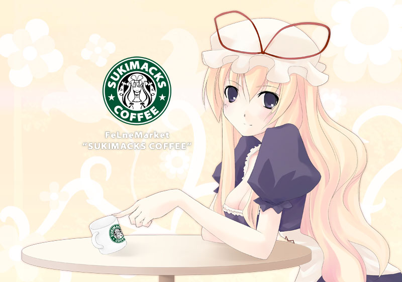 sakuraba (artist), yakumo yukari, starbucks, touhou, 1girl, blonde hair, blue eyes, breasts, cleavage, female focus, long hair, parody, solo