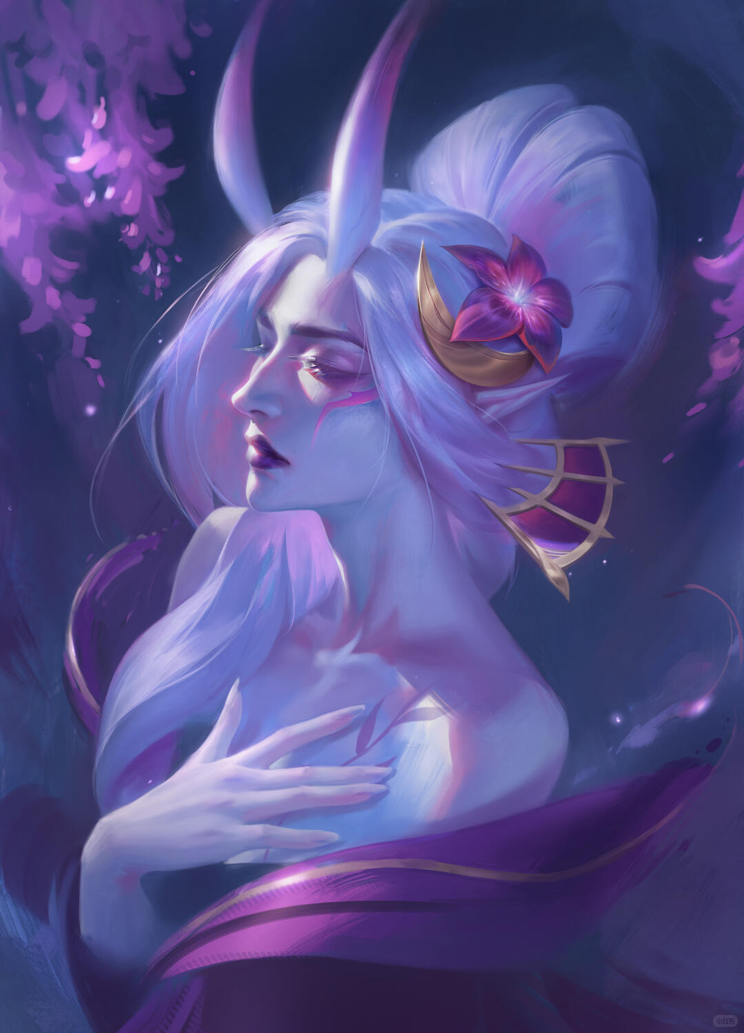 ri sheng, morgana (league of legends), spirit blossom morgana, league of legends, chinese commentary, commentary request, highres, 1girl, bare shoulders, closed eyes, closed mouth, facial mark, flower, gradient horns, hair flower, hair ornament, hand on own chest, horns, japanese clothes, long horns, multicolored horns, nihongami, official alternate costume, official alternate hair color, official alternate hairstyle, purple lips, solo, spirit blossom (league of legends), two-tone horns, white hair, wisteria