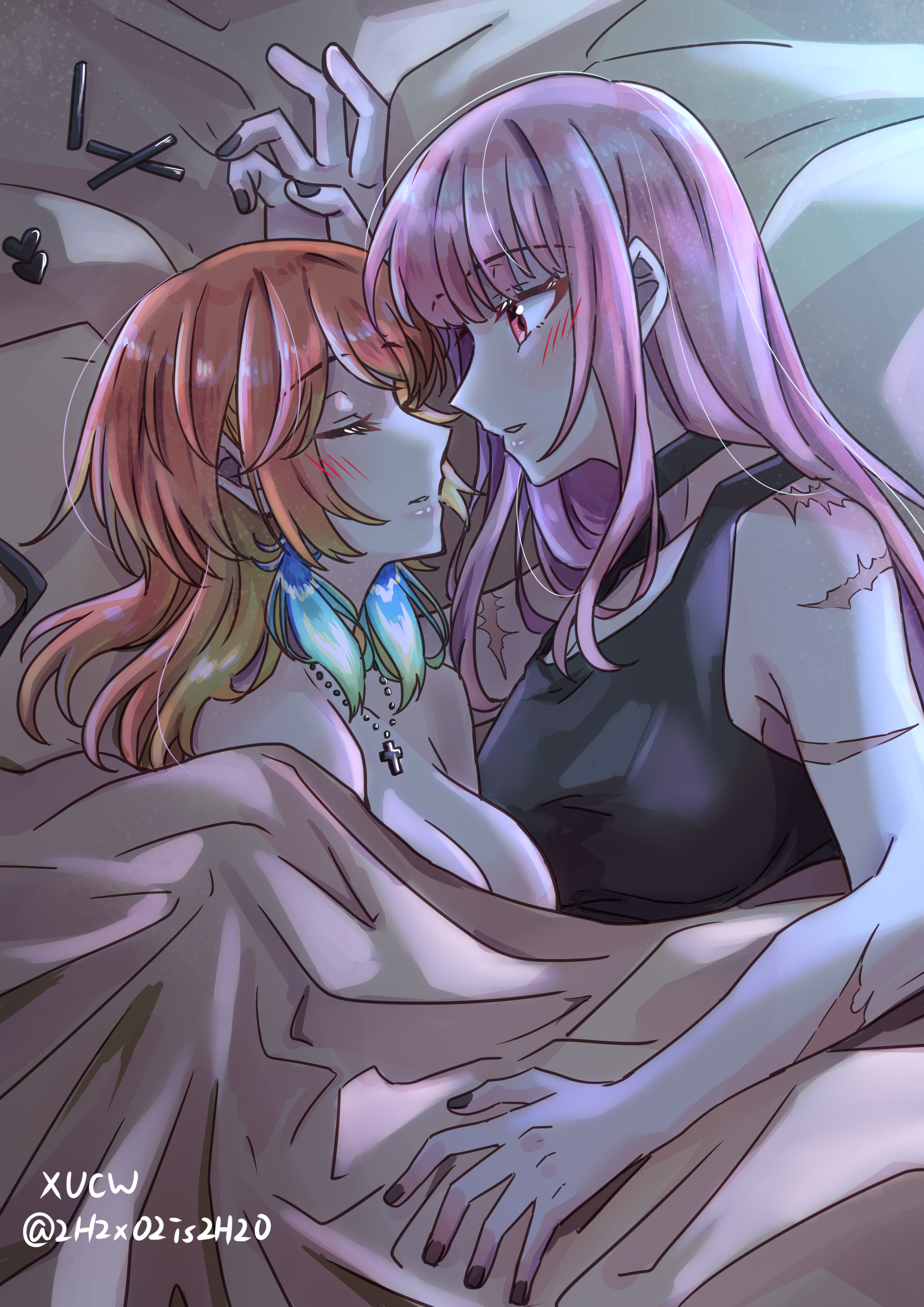 xu chin-wen, mori calliope, takanashi kiara, hololive, hololive english, fluffy hair, green highlights, absurdres, highres, 2girls, alternate costume, blush, breasts, couple, earrings, feather earrings, feathers, gradient hair, jewelry, kiss meter (meme), large breasts, long hair, meme, multicolored hair, multiple girls, open mouth, orange hair, pink hair, red eyes, virtual youtuber, yuri