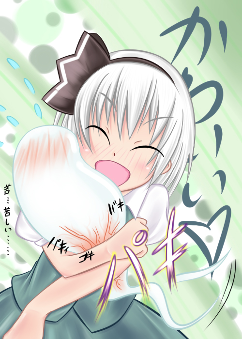 kotori, konpaku youmu, konpaku youmu (ghost), touhou, silver hair, bad id, bad pixiv id, 1girl, blush, female focus, ghost, hairband, hitodama, hug, short hair, solo