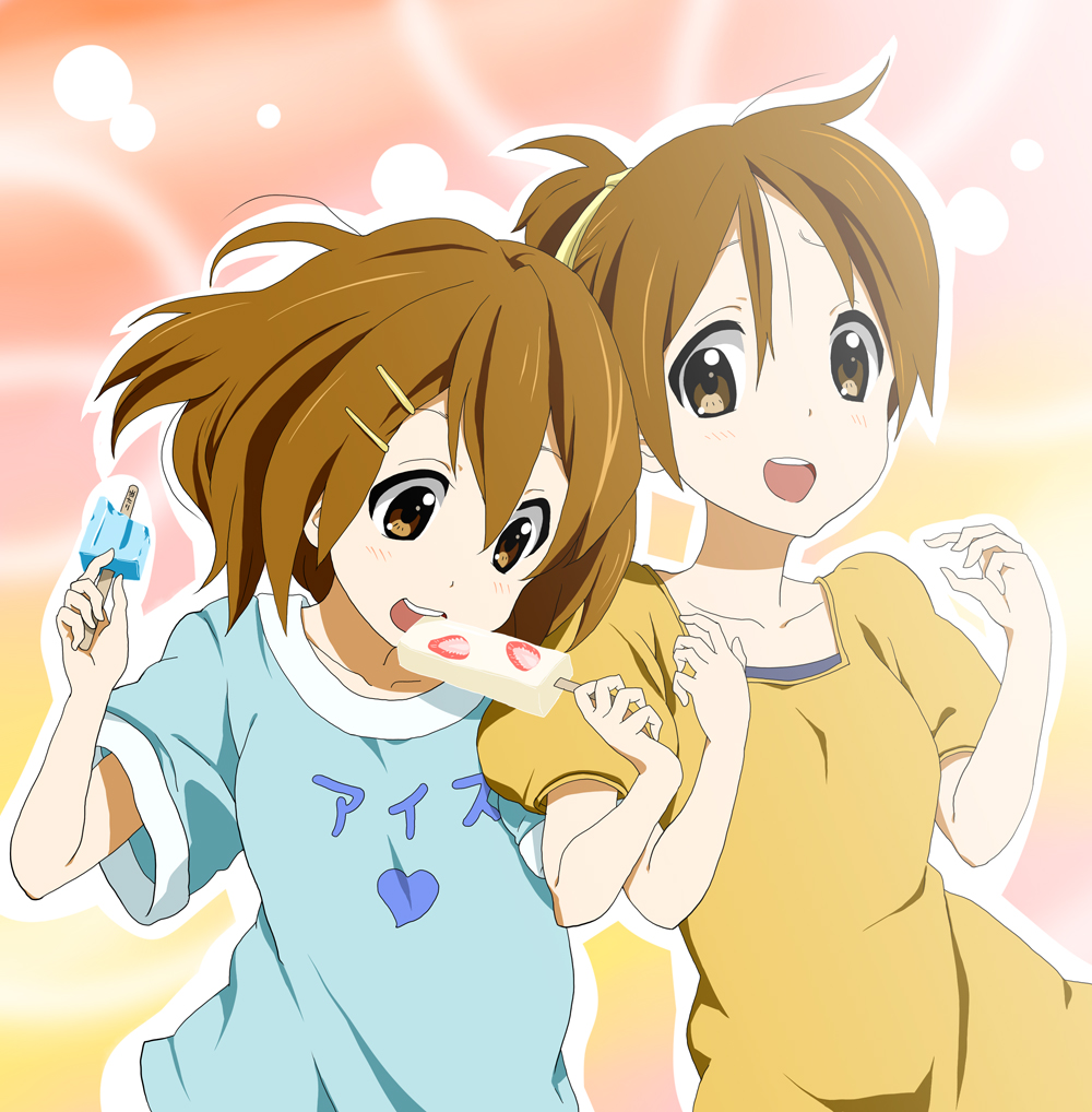 minimaru, hirasawa ui, hirasawa yui, k-on!, 00s, 2girls, brown eyes, brown hair, casual, eyebrows hidden by hair, food, hair between eyes, multiple girls, ponytail, popsicle, short hair, siblings, sisters, teeth, upper teeth only