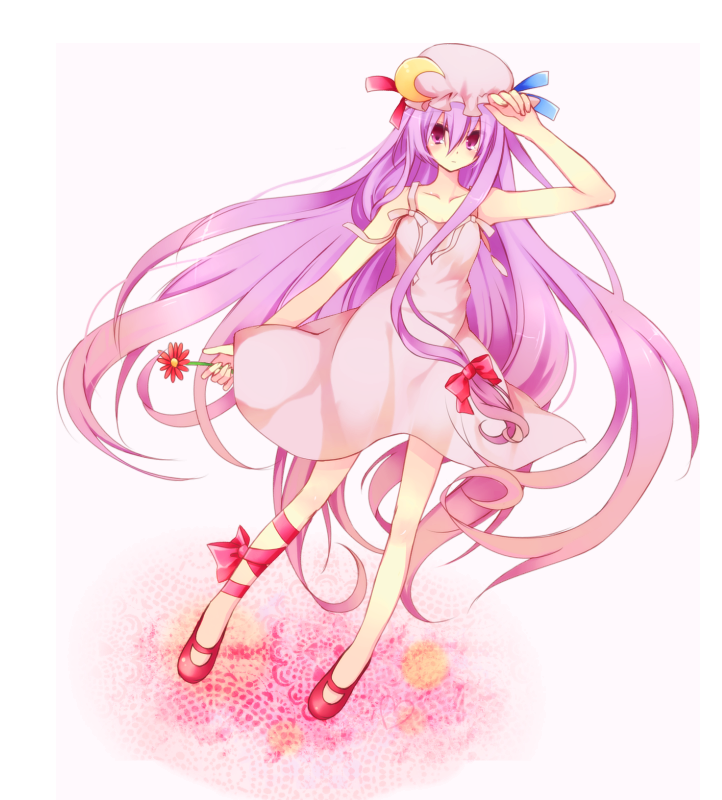 ibara riato, patchouli knowledge, touhou, bad id, bad pixiv id, 1girl, alternate costume, dress, female focus, flower, hat, long hair, purple eyes, purple hair, ribbon, solo