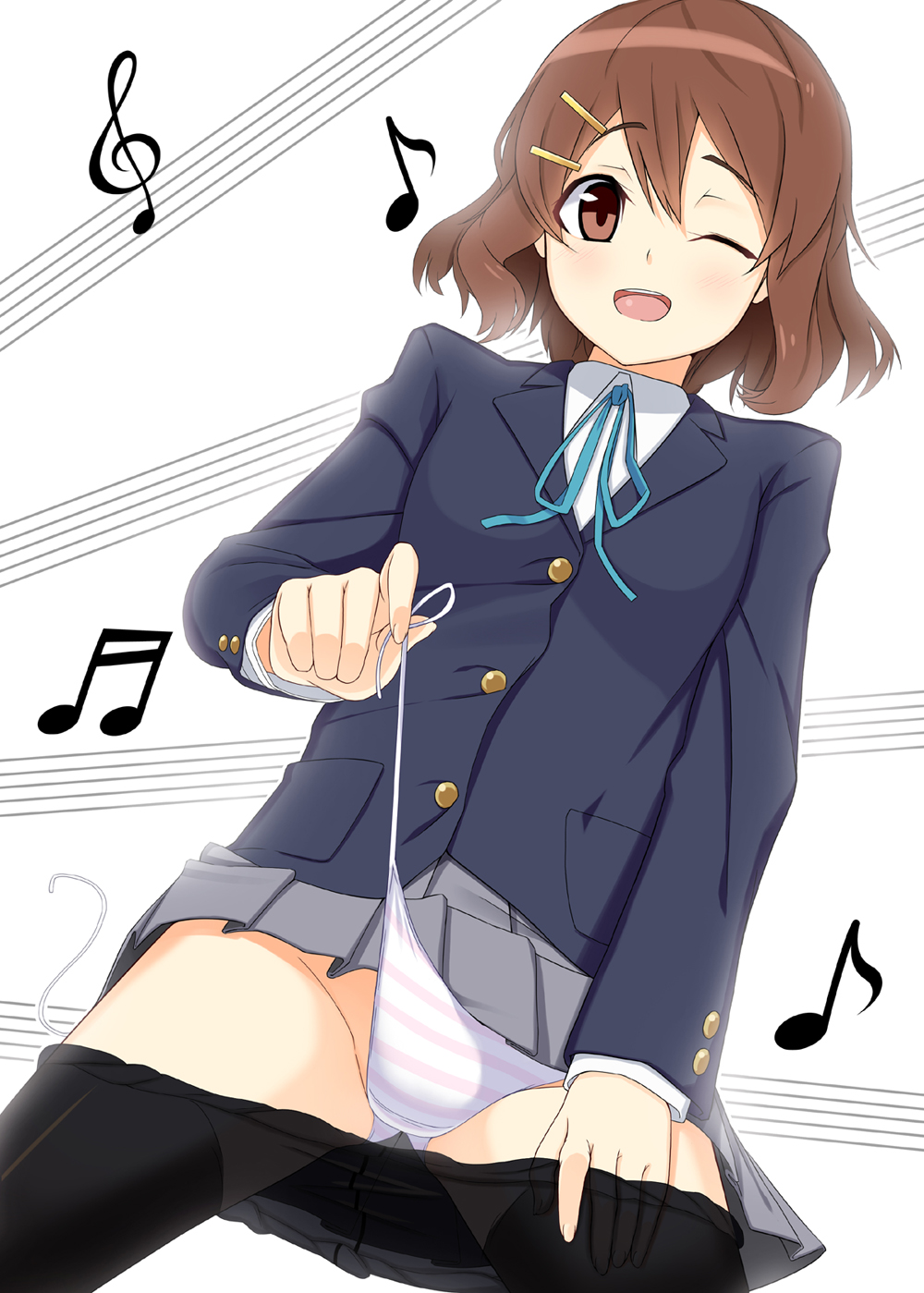 gin (ginshari), hirasawa yui, k-on!, bad id, bad pixiv id, highres, 00s, 1girl, brown eyes, brown hair, clothes pull, female focus, hair ornament, hairclip, musical note, one eye closed, panties, pantyhose, pantyhose pull, school uniform, short hair, side-tie panties, solo, striped clothes, striped panties, teasing, underwear, undressing, untied panties, wink