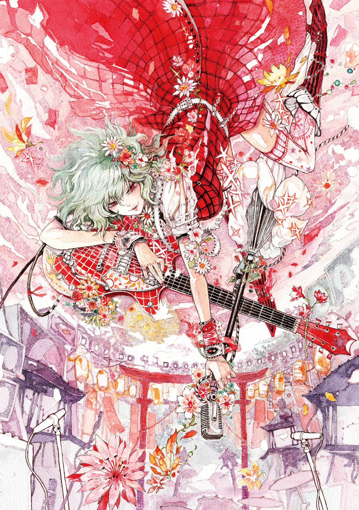 chihiro (kemonomichi), kazami yuuka, touhou, highres, 1girl, belt, boots, closed umbrella, female focus, flower, green hair, guitar, hair flower, hair ornament, instrument, lantern, microphone, microphone stand, plaid clothes, plaid skirt, plaid vest, red eyes, short hair, skirt, skirt set, smirk, solo, thighhighs, torii, umbrella, upside-down, vest