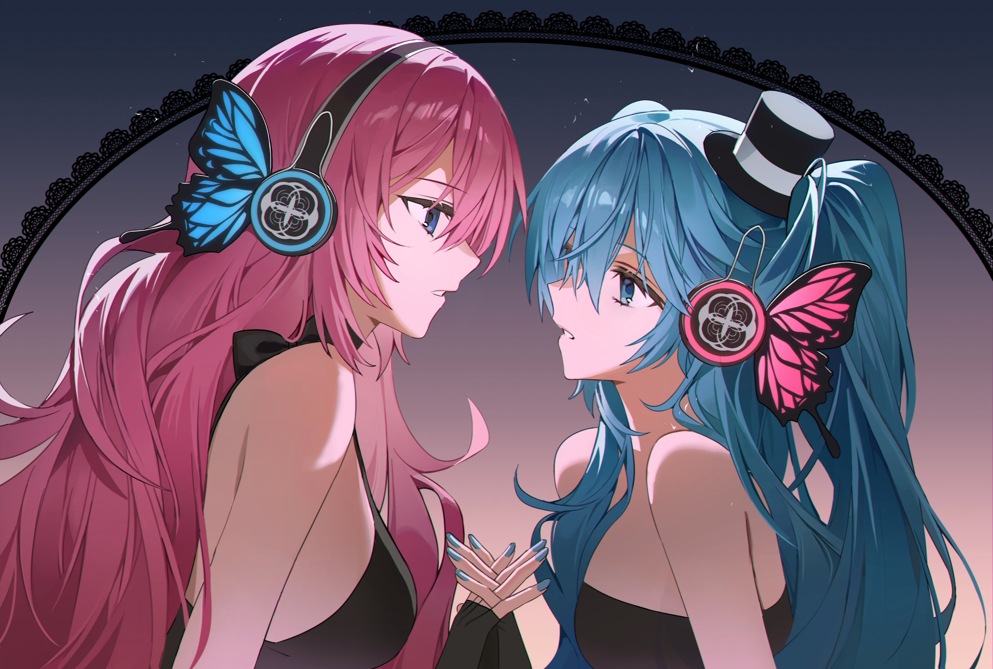 emduck, hatsune miku, megurine luka, magnet (vocaloid), vocaloid, absurdres, commentary, english commentary, highres, 2girls, aqua eyes, aqua hair, aqua nails, bare shoulders, black dress, black gloves, black hairband, black hat, breasts, butterfly hair ornament, dress, fingerless gloves, gloves, hair ornament, hairband, hat, interlocked fingers, looking at another, mini hat, mini top hat, multiple girls, parted lips, pink hair, top hat, upper body, yuri