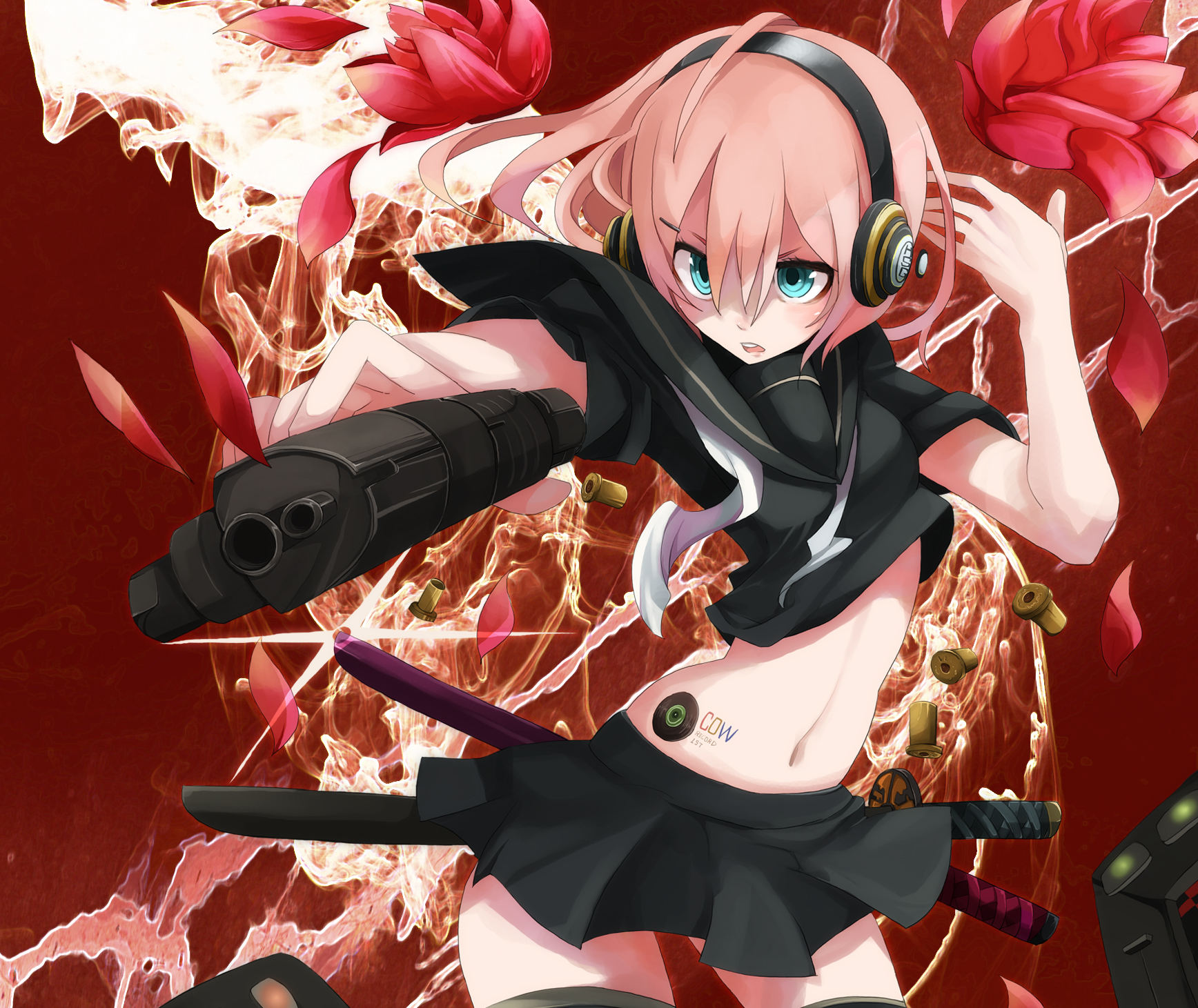 tansuke, megurine luka, original, vocaloid, highres, blue eyes, bullet, gun, headphones, headset, long hair, pink hair, school uniform, serafuku, solo, thighhighs, very long hair, weapon