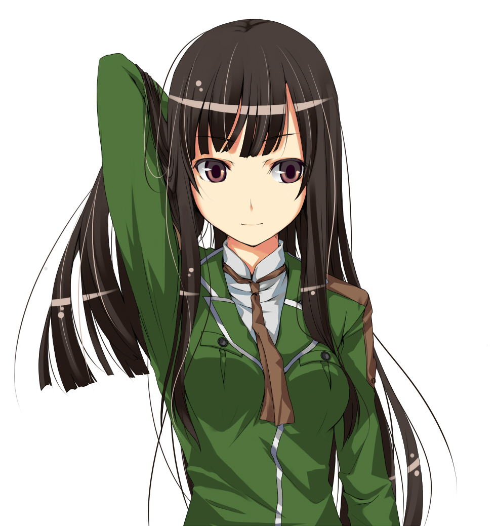 unasaka ryou, sanjo shinobu, senkou no ronde, uniform, 1girl, black hair, blunt bangs, female focus, hime cut, long hair, simple background, solo, white background