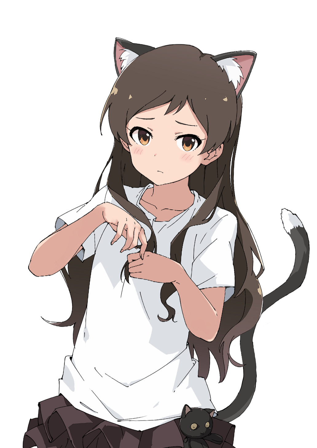 rauto, kitazawa shiho, idolmaster, idolmaster million live!, commentary request, highres, 1girl, animal ears, blush, brown eyes, brown hair, brown skirt, cat ears, cat tail, collarbone, frilled skirt, frills, long hair, parted bangs, shirt, short sleeves, simple background, skirt, tail, white background, white shirt, yellow eyes