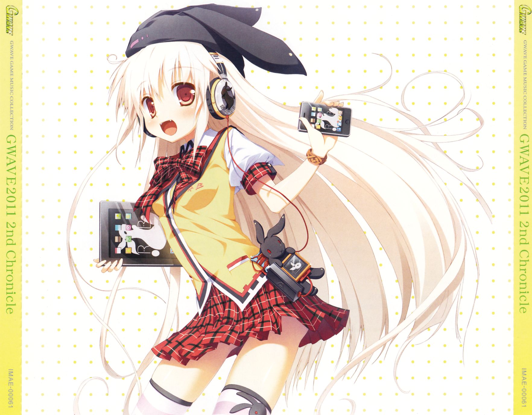 nimura yuuji, gwave, original, highres, 1girl, :d, album cover, animal ears, animal hat, bow, bowtie, breasts, collar, cover, cowboy shot, english text, facing to the side, fake animal ears, fangs, film grain, floating hair, from side, hand up, hat, headphones, holding, holding phone, holding tablet pc, long hair, looking at viewer, open mouth, phone, pillarboxed, pink thighhighs, plaid bow, plaid bowtie, plaid clothes, plaid skirt, polka dot, polka dot background, puffy short sleeves, puffy sleeves, rabbit ears, red eyes, red sailor collar, sailor collar, school uniform, shirt, short sleeves, skirt, small breasts, smile, solo, standing, striped clothes, striped thighhighs, stuffed animal, stuffed rabbit, stuffed toy, sweater vest, tablet pc, thighhighs, untucked shirt, very long hair, white background, white collar, white hair, white shirt, white thighhighs, yellow sweater vest