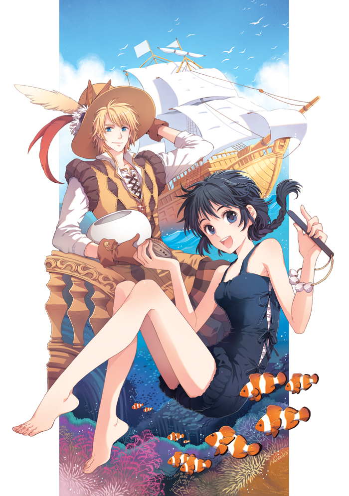 nardack, original, 1boy, 1girl, animal, barefoot, black hair, blonde hair, blue eyes, braid, clownfish, feathers, feet, fish, full body, gloves, happy, hat, legs, long sleeves, ocean, ship, shorts, smile, underwater, water, watercraft