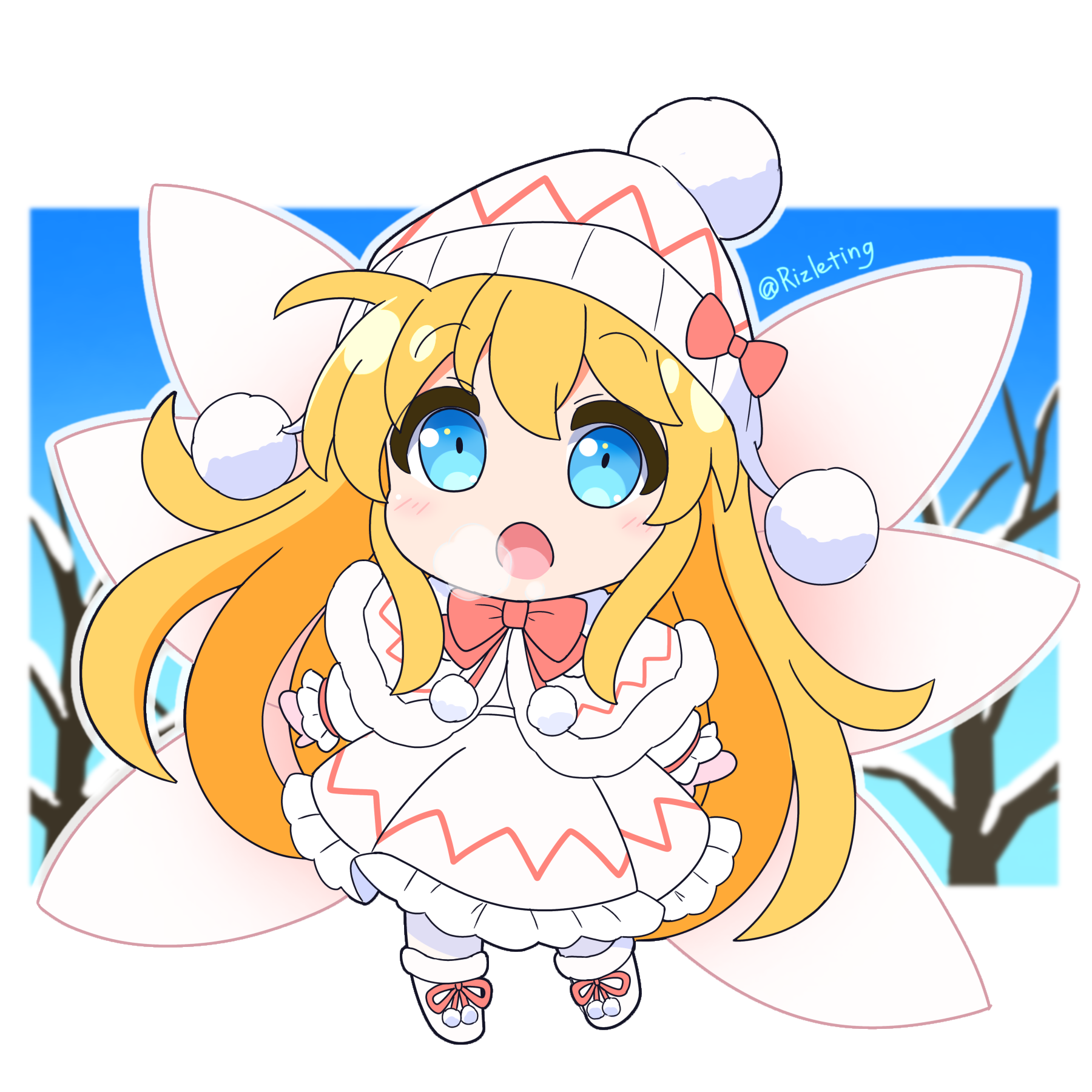 rizleting, lily white, touhou, commentary, highres, 1girl, :o, beanie, blonde hair, blue eyes, blush, boots, bow, bowtie, breath, capelet, dress, fairy wings, footwear ribbon, frilled dress, frilled sleeves, frills, full body, fur-trimmed capelet, fur trim, hat, hat bow, long hair, long sleeves, mittens, open mouth, pantyhose, pink mittens, pom pom (clothes), red bow, red bowtie, red ribbon, ribbon, solo, standing, twitter username, white boots, white capelet, white dress, white hat, white pantyhose, wings