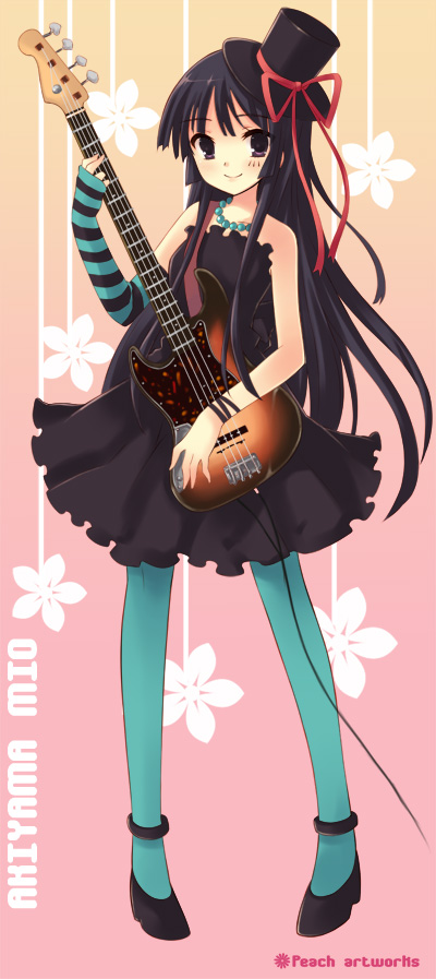 peach88, akiyama mio, don't say "lazy", k-on!, striped, bad id, bad pixiv id, 00s, 1girl, aqua pantyhose, black eyes, black hair, blue pantyhose, blunt bangs, facepaint, female focus, fingerless gloves, gloves, guitar, hat, hime cut, instrument, long hair, mini hat, mini top hat, pantyhose, solo, top hat