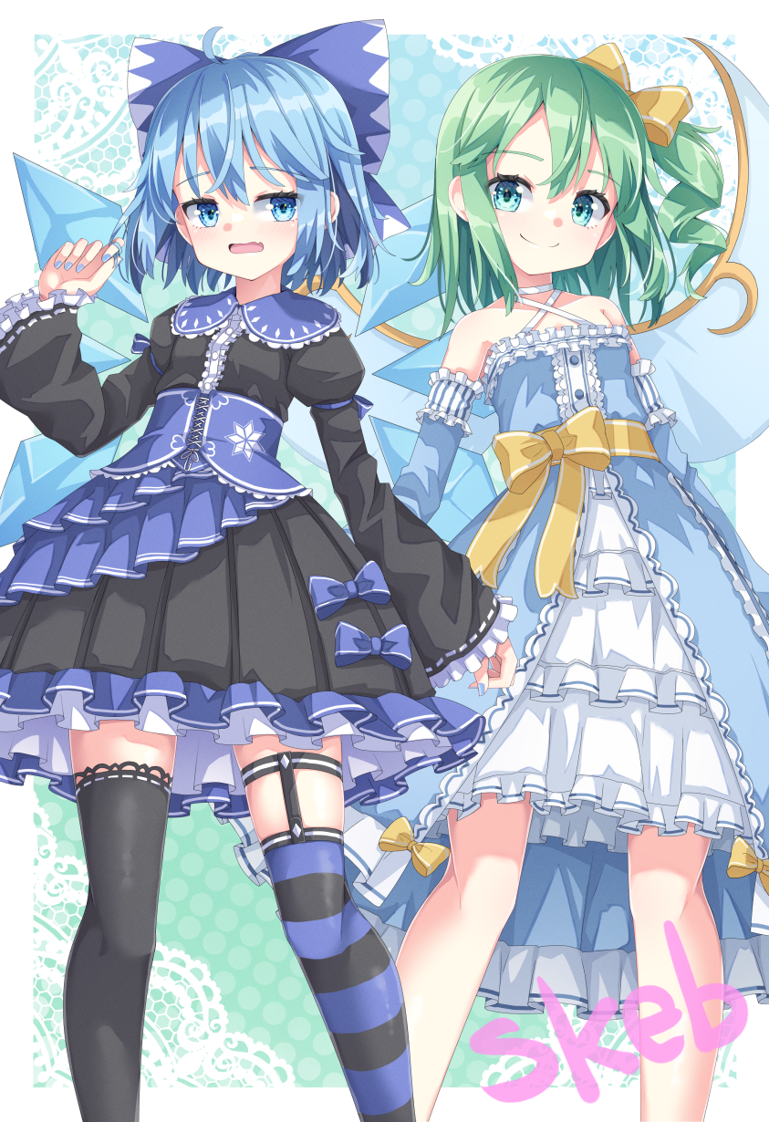 uumaru, cirno, daiyousei, touhou, commentary request, commission, highres, skeb commission, 2girls, alternate costume, asymmetrical legwear, black dress, black thighhighs, blue bow, blue dress, blue eyes, blue hair, bow, dress, fairy, fairy wings, frilled dress, frills, green eyes, green hair, hair bow, halterneck, ice, ice wings, looking at viewer, medium hair, mismatched legwear, multiple girls, one side up, short hair, skirt, skirt under dress, smile, striped clothes, striped thighhighs, thighhighs, white skirt, wings