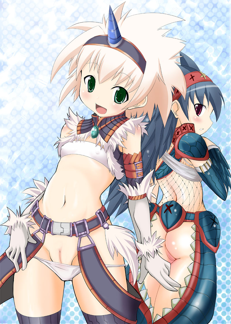 capcom, monster hunter (series), 2girls, animal ears, ass, blue hair, fishnets, flat chest, gloves, green eyes, horns, kirin (armor), loli, midriff, multiple girls, nargacuga (armor), navel, open mouth, panties, pussy, red eyes, single horn, thighhighs, uncensored, underwear, white hair