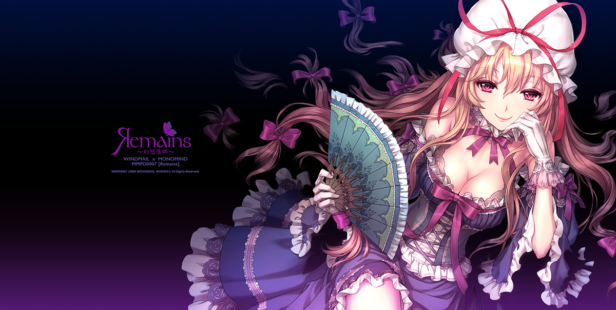 an2a, yakumo yukari, touhou, 1girl, album cover, arms up, blonde hair, bonnet, breasts, choker, cleavage, cover, dress, embellished costume, female focus, folding fan, frills, gloves, gradient background, hair ribbon, hand fan, hand on own cheek, hand on own face, hat, hat ribbon, head rest, lace, large breasts, lips, lipstick, long hair, makeup, pink eyes, purple eyes, ribbon, skirt, smile, solo, white gloves