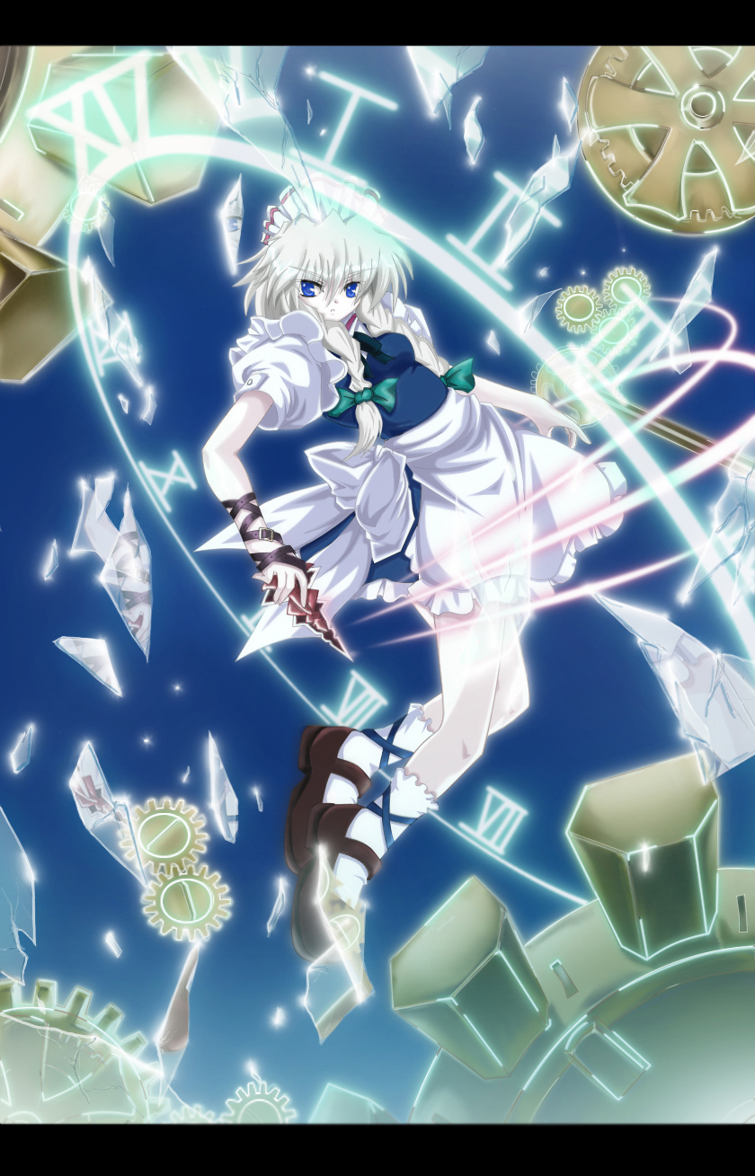 izayoi sakuya, touhou, silver hair, highres, 1girl, blue eyes, braid, female focus, full body, gradient background, knife, letterboxed, maid, short hair, solo, twin braids