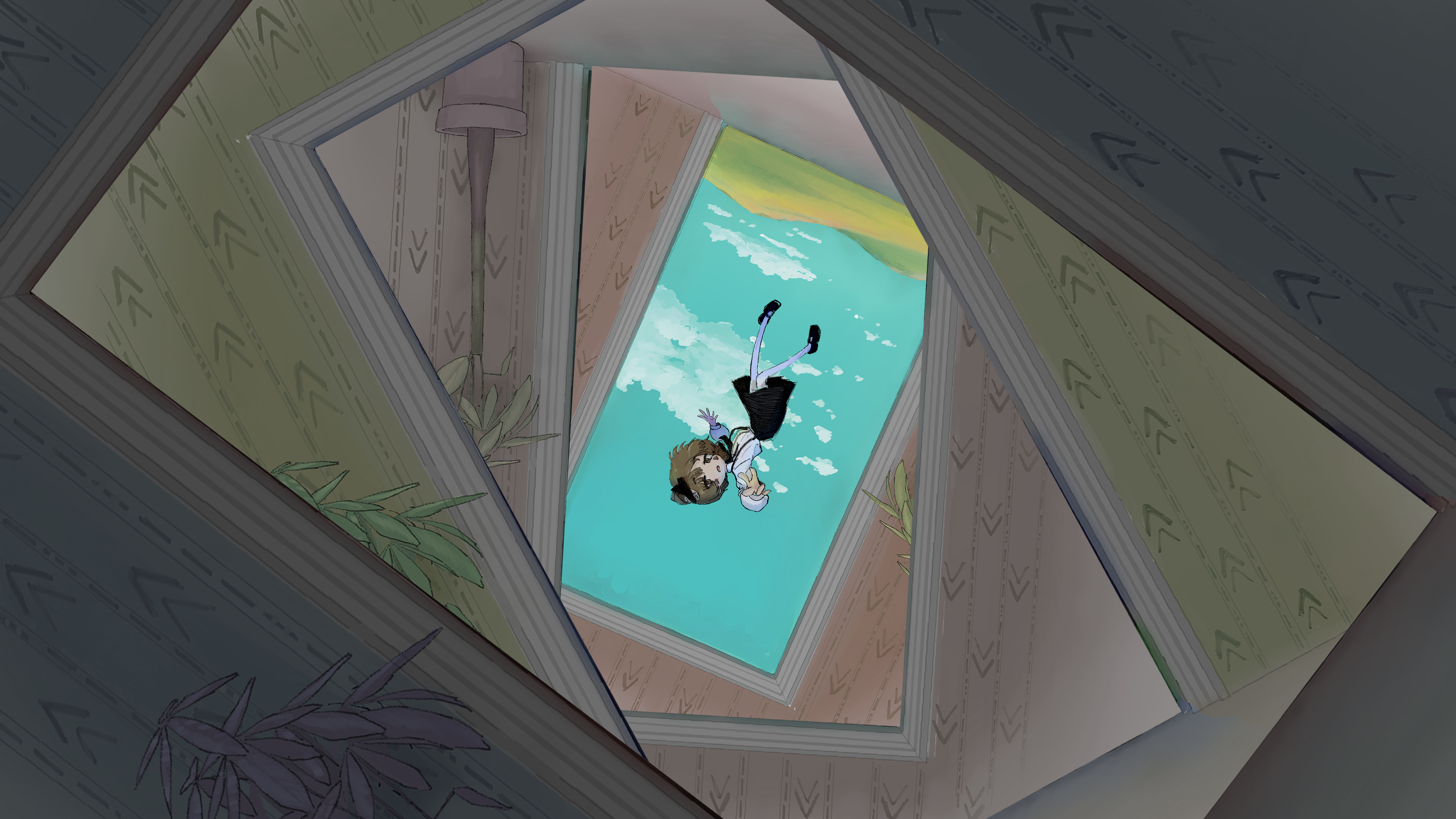 shiraichigo, hatoba tsugu, tsugu (vtuber), absurdres, commentary request, highres, 1girl, black shoes, black skirt, blue sky, bow, brown hair, ceiling, cloud, doorway, floating, floor, hair bow, hallway, hill, landscape, long sleeves, pantyhose, plant, potted plant, shirt, shoes, skirt, sky, solo, suspender skirt, suspenders, virtual youtuber, white pantyhose, white shirt, wide shot