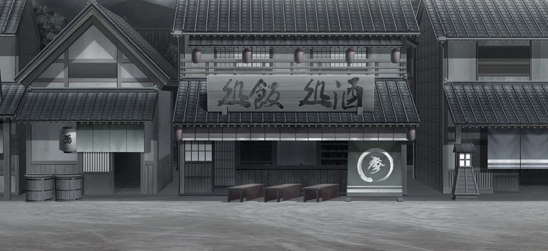 touhou, touhou gensou eclipse, game cg, non-web source, official art, translation request, architecture, building, east asian architecture, human village (touhou), lantern, muted color, no humans, outdoors, overcast, paper lantern, scenery, sign, sky, tile roof