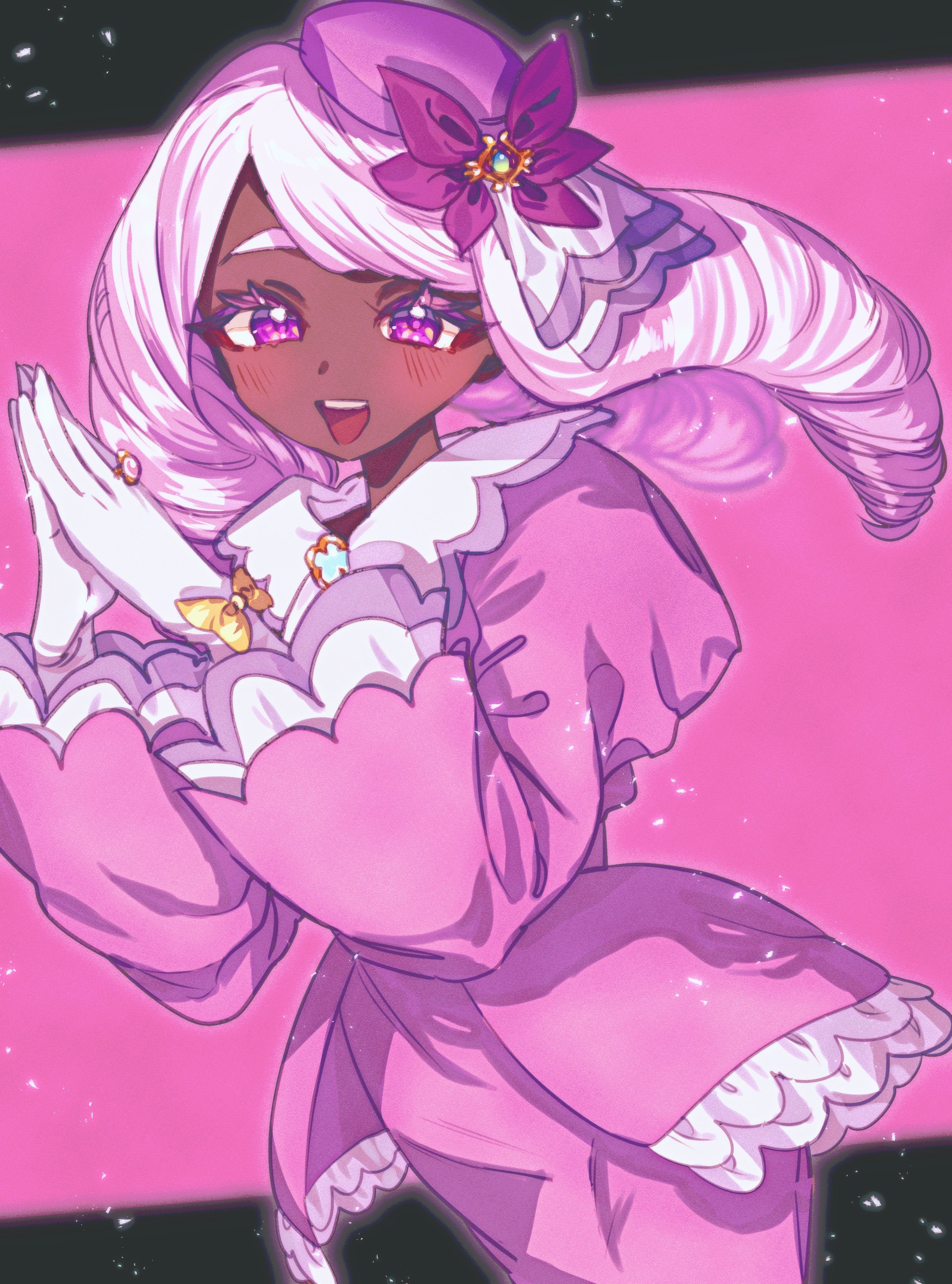 godouyu (neisukun), jacinthe (pokemon), nintendo, pokemon, pokemon legends: z-a, absurdres, commentary request, highres, 1girl, ascot, blush, dark-skinned female, dark skin, dress, fascinator, frilled ascot, frills, glove bow, gloves, gold ring, hair ornament, juliet sleeves, long hair, long sleeves, looking at viewer, low drills, mega stone, open mouth, puffy sleeves, purple dress, purple eyes, purple hair, smile, solo, very dark skin, white gloves
