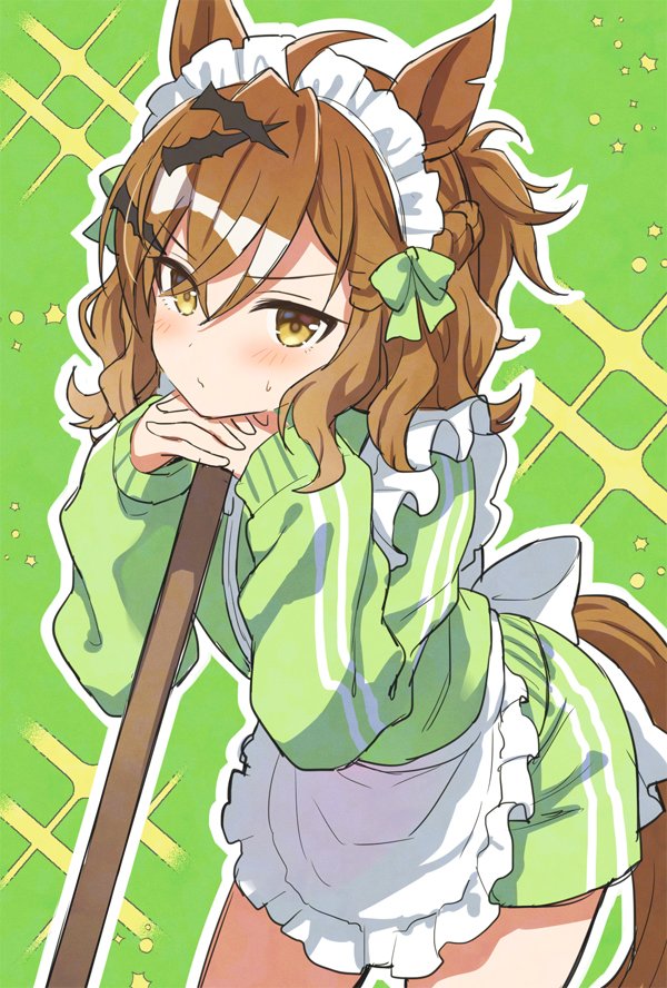 mauve, jungle pocket (umamusume), umamusume, ahoge, alternate costume, animal ears, apron, blush, bow, breasts, broom, brown hair, closed mouth, frilled apron, frills, green bow, green jacket, green shorts, hair between eyes, hair ornament, hairclip, head rest, holding, holding broom, horse ears, horse girl, horse tail, interlocked fingers, jacket, jersey maid, long sleeves, looking at viewer, maid, maid apron, maid headdress, medium hair, shorts, tail, track jacket, unconventional maid, waist apron, white apron, white headdress, yellow eyes