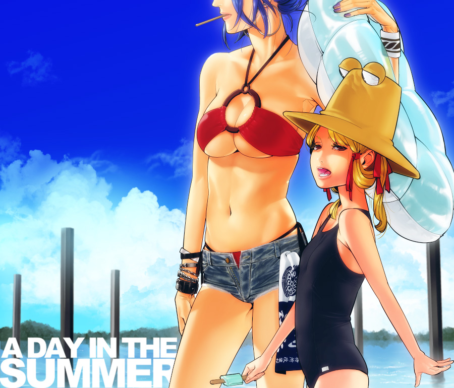 fugi jis, moriya suwako, pyonta, yasaka kanako, touhou, 2girls, blonde hair, denim, denim shorts, female focus, flat chest, hat, innertube, multiple girls, purple hair, short hair, short shorts, shorts, summer, swim ring, swimsuit
