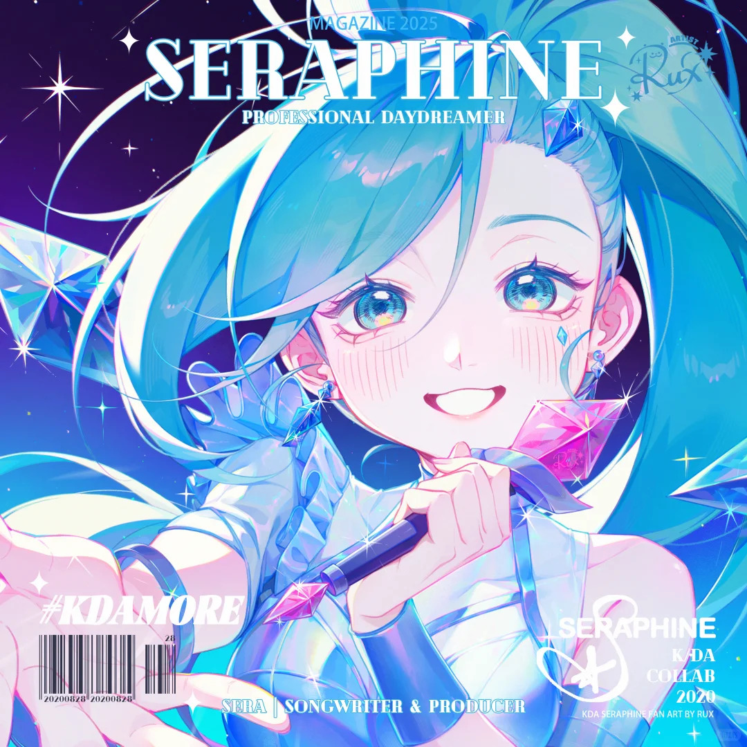 k/da (league of legends), k/da all out seraphine superstar, seraphine (league of legends), league of legends, chinese commentary, commentary request, 1girl, album cover, barcode, blue background, blue eyes, blue hair, blush, breasts, character name, character signature, cover, diamond earrings, diamond hair ornament, earrings, english text, gradient background, hair between eyes, hashtag, high ponytail, holding, holding microphone, jewelry, long hair, looking at viewer, medium breasts, microphone, official alternate costume, official alternate hair color, open hand, outstretched arm, ponytail, portrait, purple background, reaching, reaching towards viewer, rux, shirt, sleeveless, sleeveless shirt, smile, solo, sparkle, two-tone background