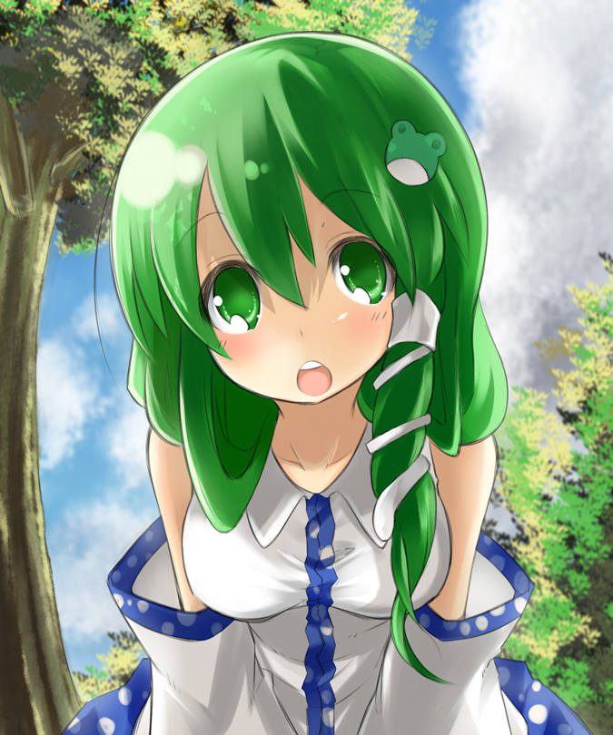 mukunoki nanatsu, nanatsu, kochiya sanae, touhou, bad id, bad pixiv id, 1girl, breasts, detached sleeves, female focus, green eyes, green hair, large breasts, leaning, matching hair/eyes, open mouth, solo