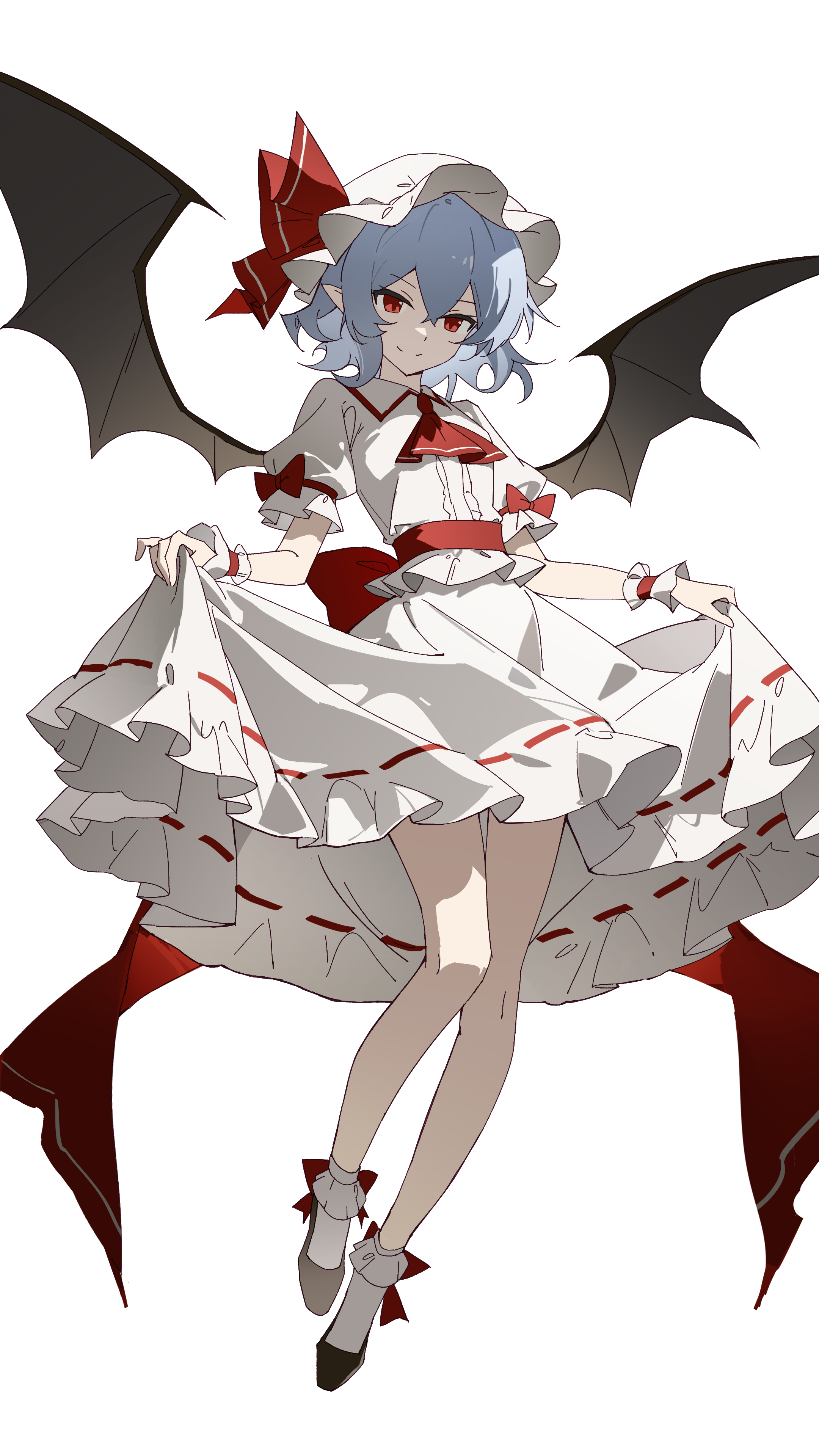 wuliwuli909, remilia scarlet, touhou, absurdres, commentary, highres, 1girl, ascot, bat wings, black shoes, black wings, blue hair, blue hat, bobby socks, bow, closed mouth, collared shirt, double-parted bangs, full body, hair between eyes, hat, hat bow, looking at viewer, mob cap, pointy ears, puffy short sleeves, puffy sleeves, red ascot, red bow, red ribbon, ribbon, ribbon-trimmed skirt, ribbon trim, shirt, shoes, short hair, short sleeves, simple background, skirt, skirt hold, smile, socks, white background, white hat, white shirt, white skirt, white socks, wings, wrist cuffs