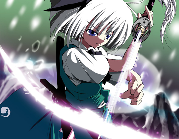 konoe yuba, konpaku youmu, konpaku youmu (ghost), touhou, bad id, bad pixiv id, 1girl, female focus, hitodama, purple eyes, solo, sword, weapon, white hair