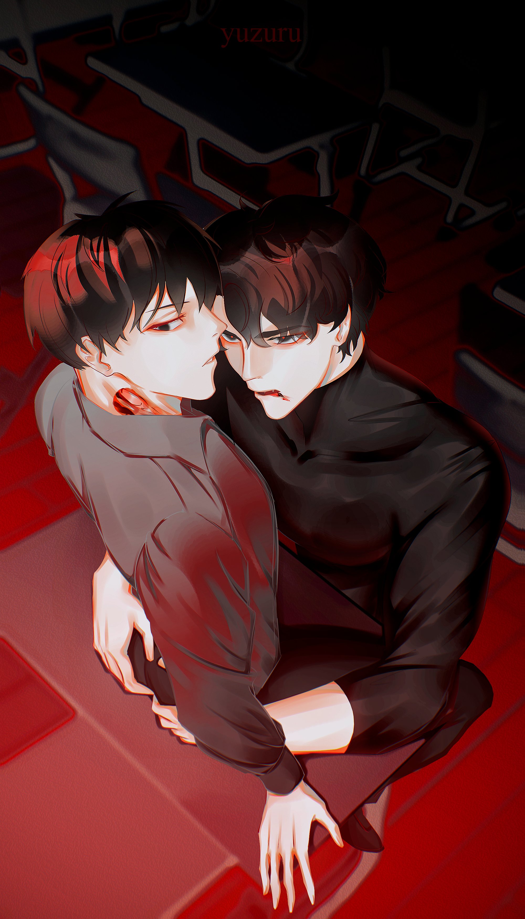 kim dokja, yoo joonghyuk, omniscient reader's viewpoint, absurdres, hashtag-only commentary, highres, 2boys, bite mark, black eyes, black hair, black shirt, blood, blood from mouth, blood on neck, classroom, collared shirt, desk, face piercing, from above, hands on another's ass, indoors, lip piercing, llyuzurull, looking at another, male focus, multiple boys, piercing, school desk, shirt, short hair, spread legs, toned, toned male, yaoi