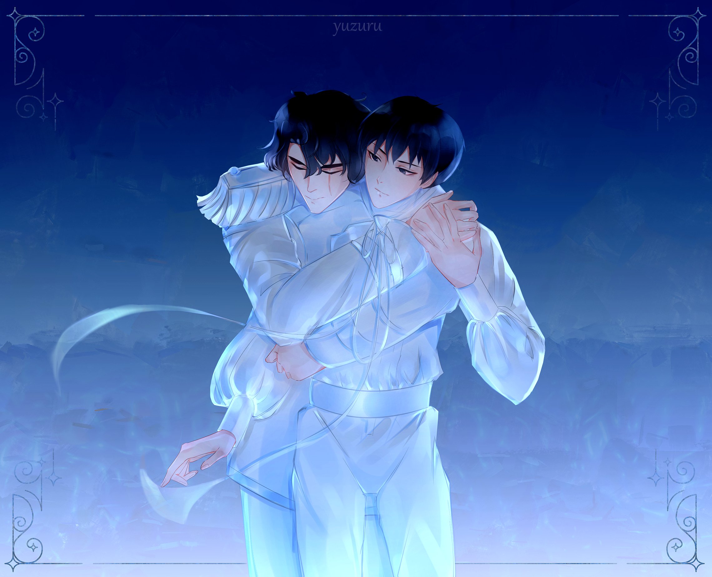 kim dokja, yoo joonghyuk, omniscient reader's viewpoint, hashtag-only commentary, highres, 2boys, arm around waist, black eyes, closed eyes, epaulettes, feet out of frame, holding hands, hug, hug from behind, llyuzurull, looking at another, male focus, multiple boys, scar, scar across eye, scar on face, shirt, white shirt