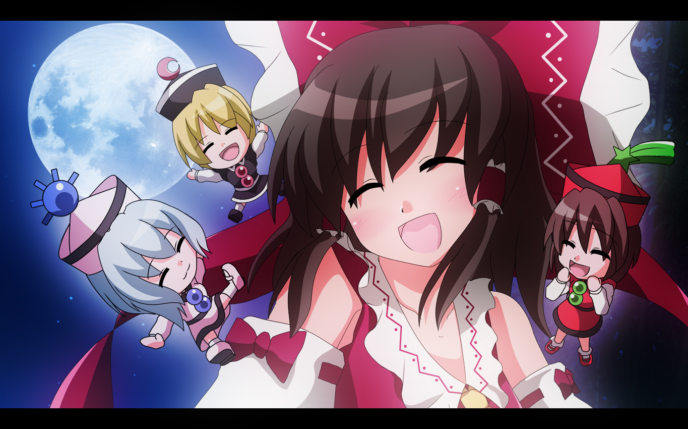 akabashi yuusuke, hakurei reimu, lunasa prismriver, lyrica prismriver, merlin prismriver, touhou, 4girls, ^ ^, closed eyes, female focus, full moon, happy, letterboxed, moon, multiple girls