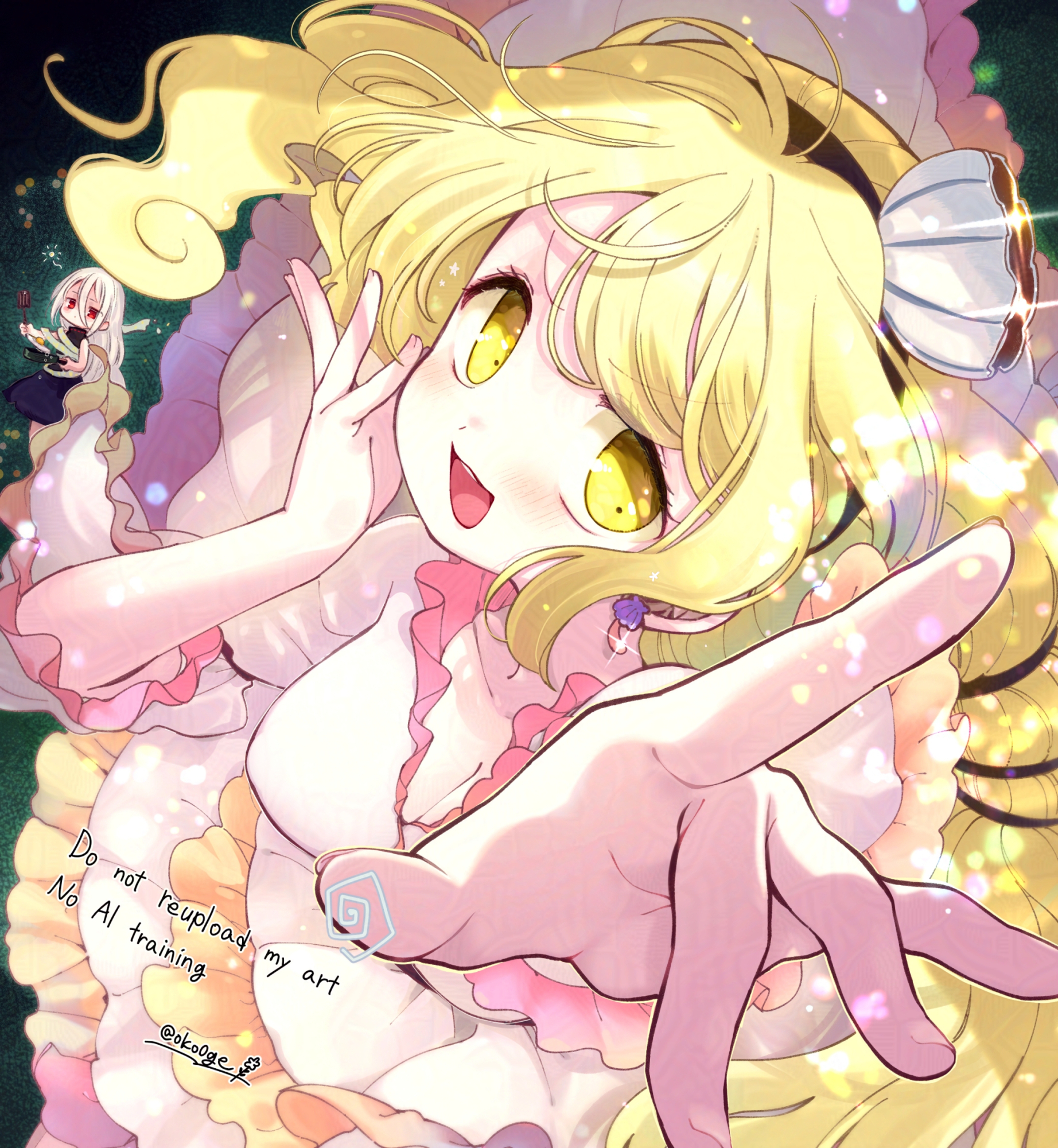 biyon, watari nina, yuiman asama, touhou, commentary request, highres, revision, 2girls, :3, :d, black dress, black hairband, blonde hair, blush, breasts, cleavage, cooking, dark background, dress, earrings, fried egg, frilled dress, frills, from above, frying pan, hair ornament, hairband, hand on own face, holding, holding frying pan, holding spatula, jewelry, long hair, looking at viewer, medium breasts, multiple girls, open mouth, outstretched hand, red eyes, shell, shell earrings, shell hair ornament, sleeveless, sleeveless dress, smile, spatula, squeans, twitter username, watermark, wavy hair, white dress, white hair, yellow eyes