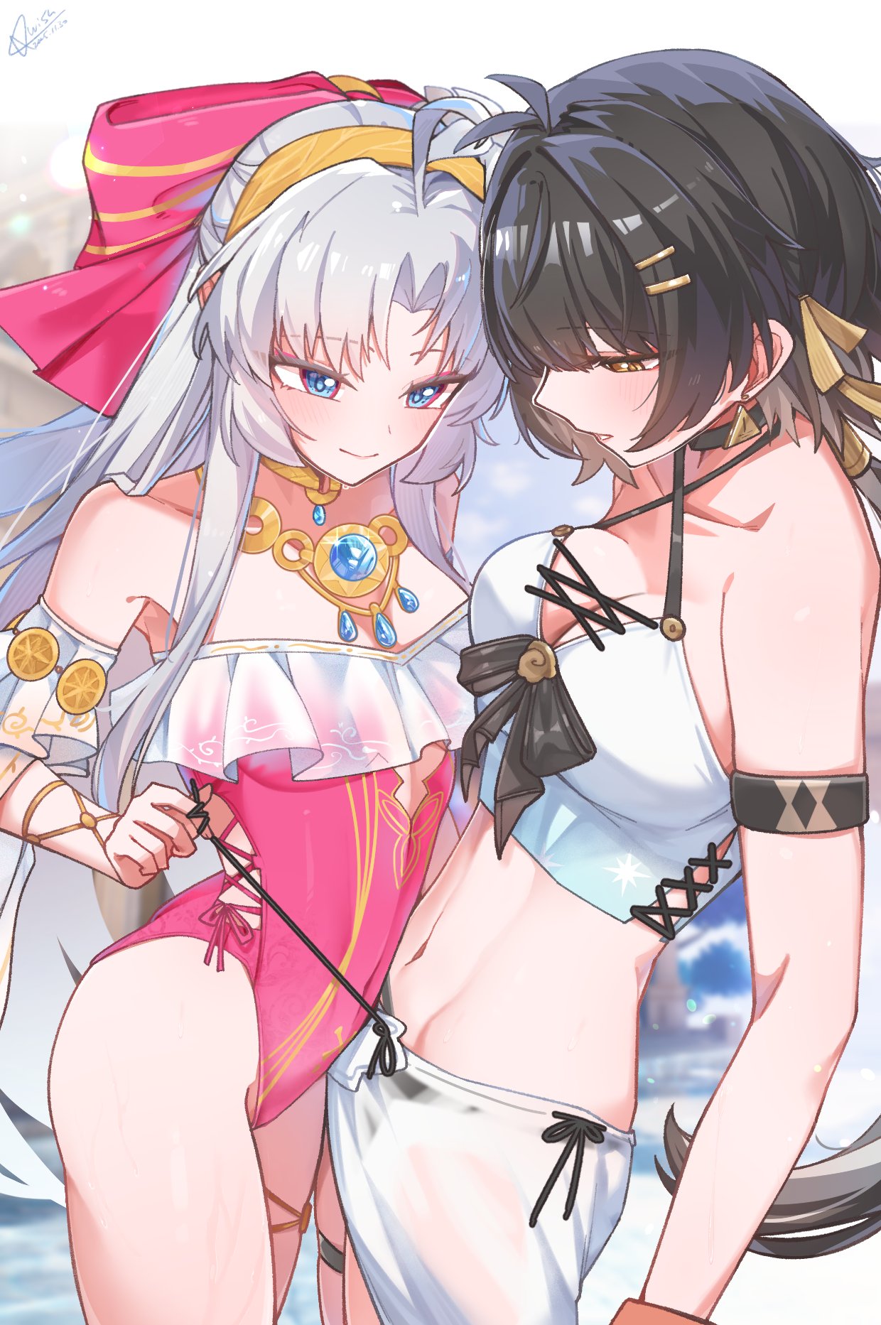 starblame, carlotta (splashing summer) (wuthering waves), carlotta (wuthering waves), female rover (wuthering waves), rover (wuthering waves), wuthering waves, highres, paid reward available, 2girls, ahoge, armlet, bare hips, bare shoulders, black hair, blue eyes, blue sky, bow, breasts, casual one-piece swimsuit, cleavage, closed mouth, criss-cross halter, dated, day, earrings, frilled one-piece swimsuit, frills, gold hairband, hair bow, hair ribbon, hairband, halterneck, jewelry, large breasts, long hair, looking down, low ponytail, medium breasts, multiple girls, navel, off-shoulder one-piece swimsuit, off shoulder, official alternate costume, one-piece swimsuit, outdoors, parted bangs, parted lips, pink bow, pink one-piece swimsuit, ponytail, ribbon, sarong, signature, sky, smile, stomach, striped bow, swimsuit, thighs, triangle earrings, very long hair, white sarong, yellow eyes, yellow ribbon, yuri