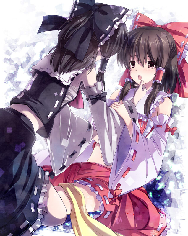 6u (eternal land), kiyu, hakurei reimu, touhou, bad id, bad pixiv id, 2girls, alternate color, bow, clone, detached sleeves, dual persona, female focus, frilled hair tubes, frills, grabbing another's chin, hair bow, hair tubes, hand on another's chin, japanese clothes, miko, multiple girls, player 2, ribbon-trimmed bow, ribbon trim, selfcest, time paradox, yuri