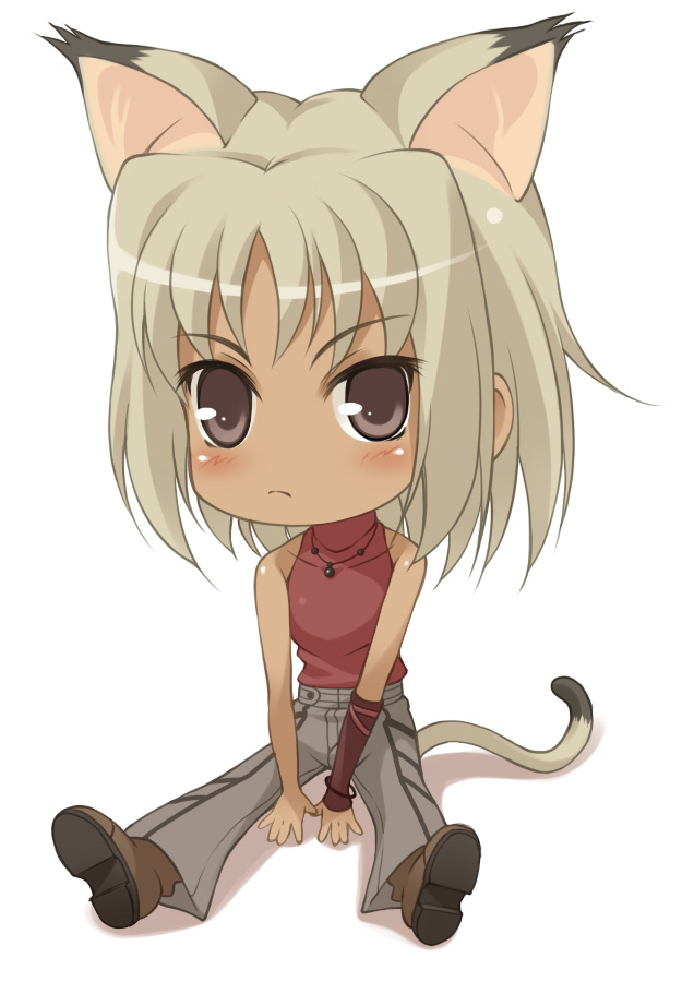 mukunokino isshiki, canaan (character), 428, 428: fuusa sareta shibuya de, canaan (series), chunsoft, 1girl, animal ears, bare shoulders, blonde hair, cat ears, cat girl, cat tail, chibi, female focus, full body, jewelry, necklace, short hair, simple background, sleeveless, sleeveless turtleneck, solo, tail, turtleneck