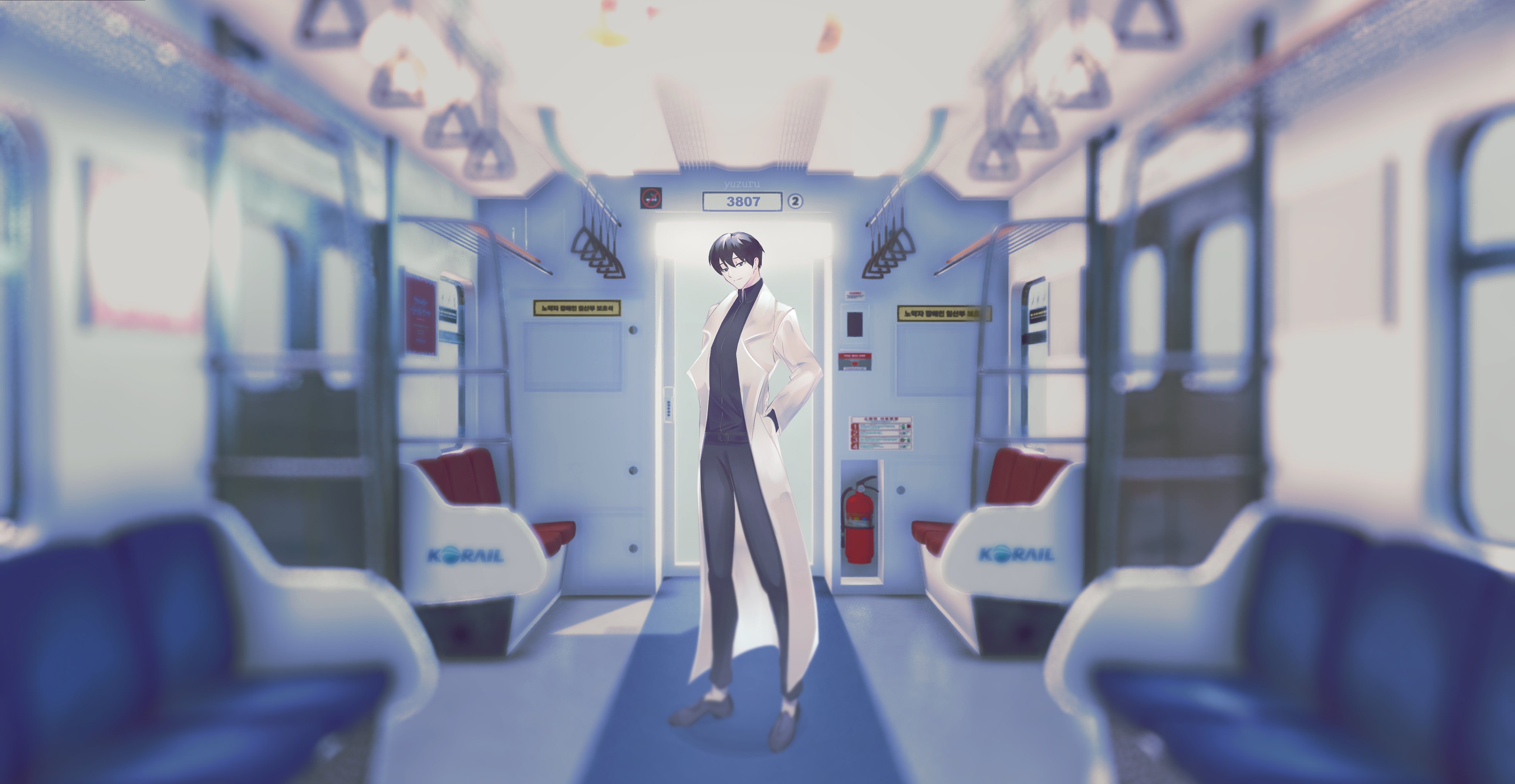 kim dokja, omniscient reader's viewpoint, absurdres, hashtag-only commentary, highres, 1boy, black hair, black shirt, ceiling light, coat, full body, hand grip, hands in pockets, indoors, llyuzurull, looking at viewer, male focus, open clothes, open coat, scenery, shirt, short hair, solo, standing, train interior, white coat, wide shot